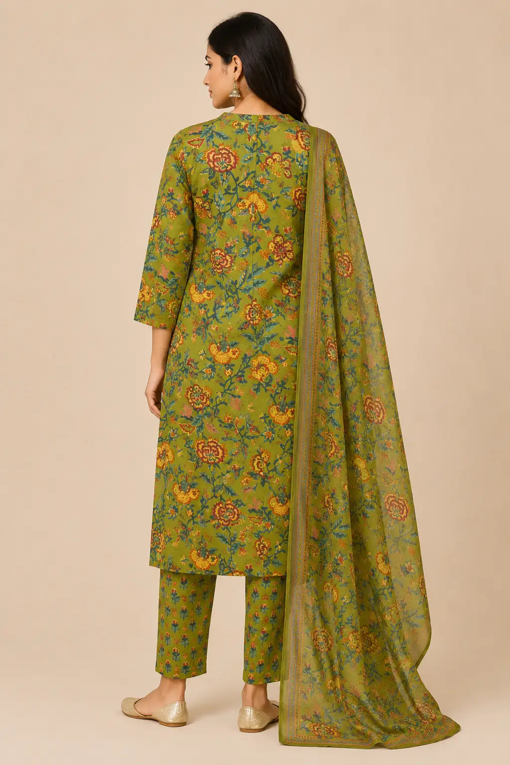 Women's Green Flared Umbrella 3-Piece Kurti Set with 3/4 Sleeves