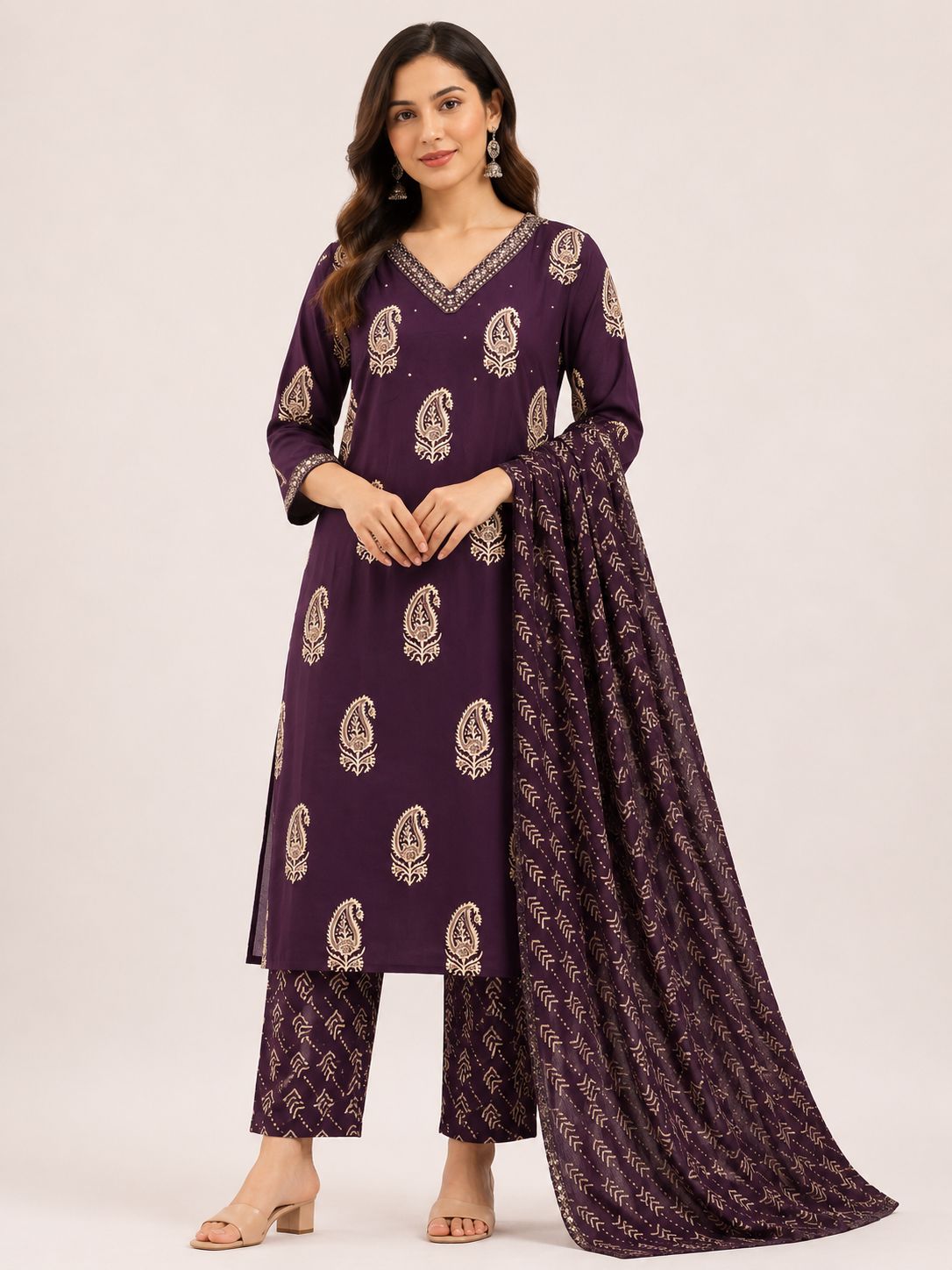 Women's Designer Dark Purple 3-Piece Kurti Set with V-Neck and 3/4 Sleeves