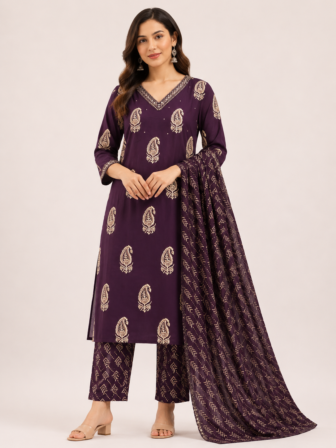 Women's Designer Dark Purple 3-Piece Kurti Set with V-Neck and 3/4 Sleeves