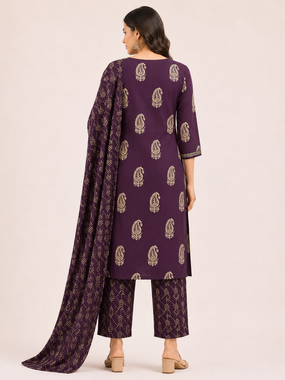 Women's Designer Dark Purple 3-Piece Kurti Set with V-Neck and 3/4 Sleeves