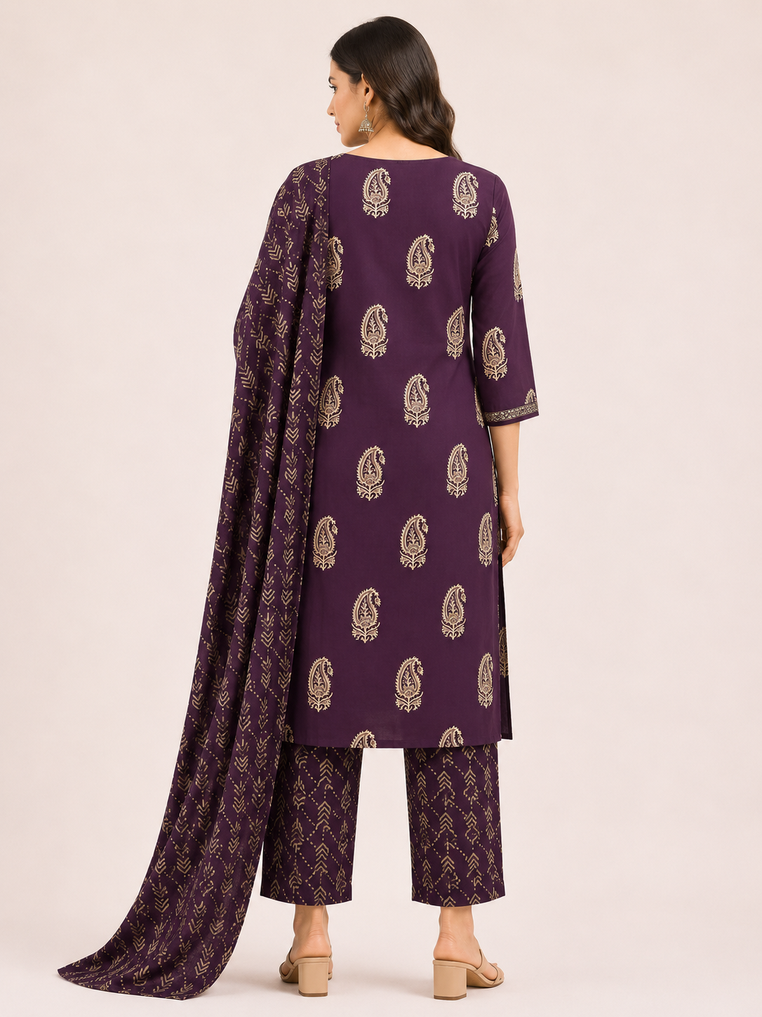 Women's Designer Dark Purple 3-Piece Kurti Set with V-Neck and 3/4 Sleeves