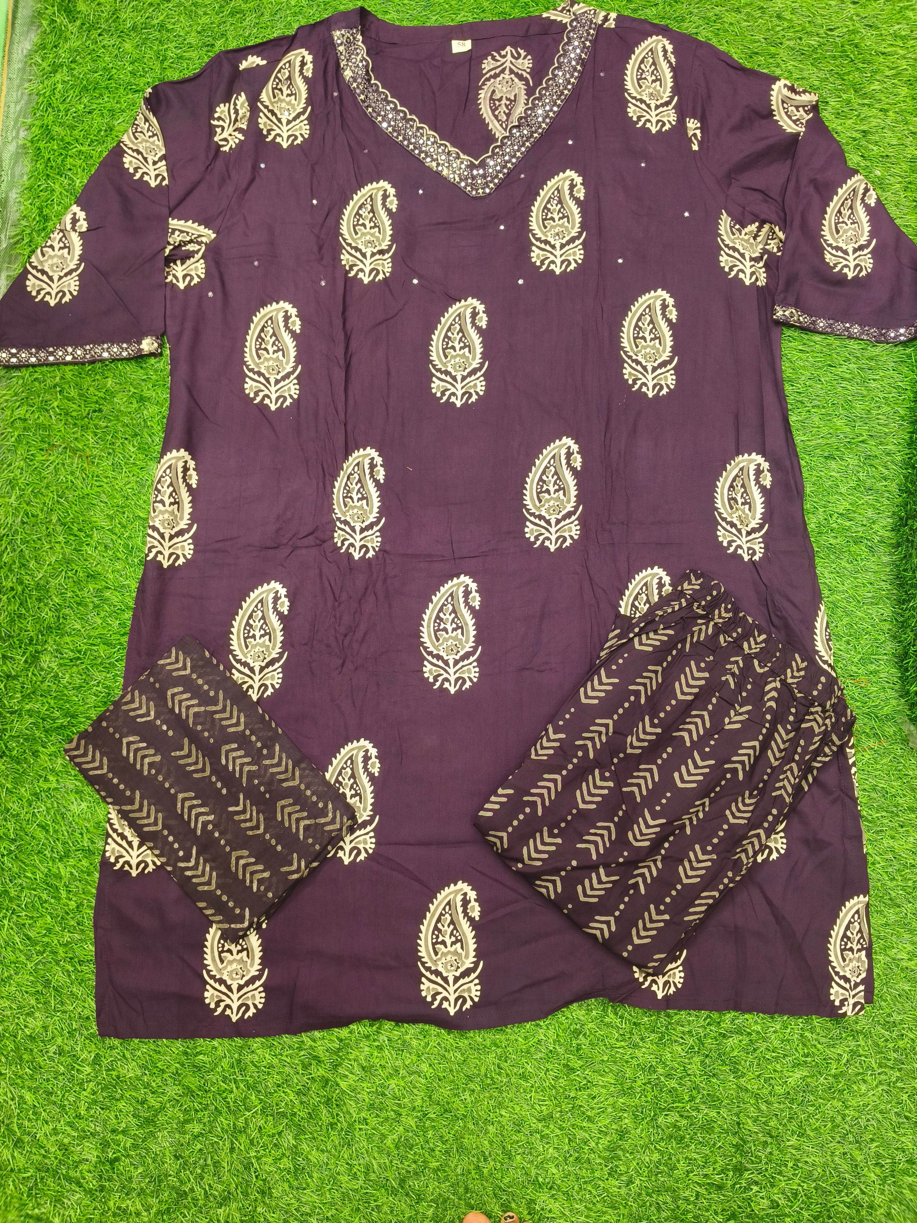 Women's Designer Dark Purple 3-Piece Kurti Set with V-Neck and 3/4 Sleeves