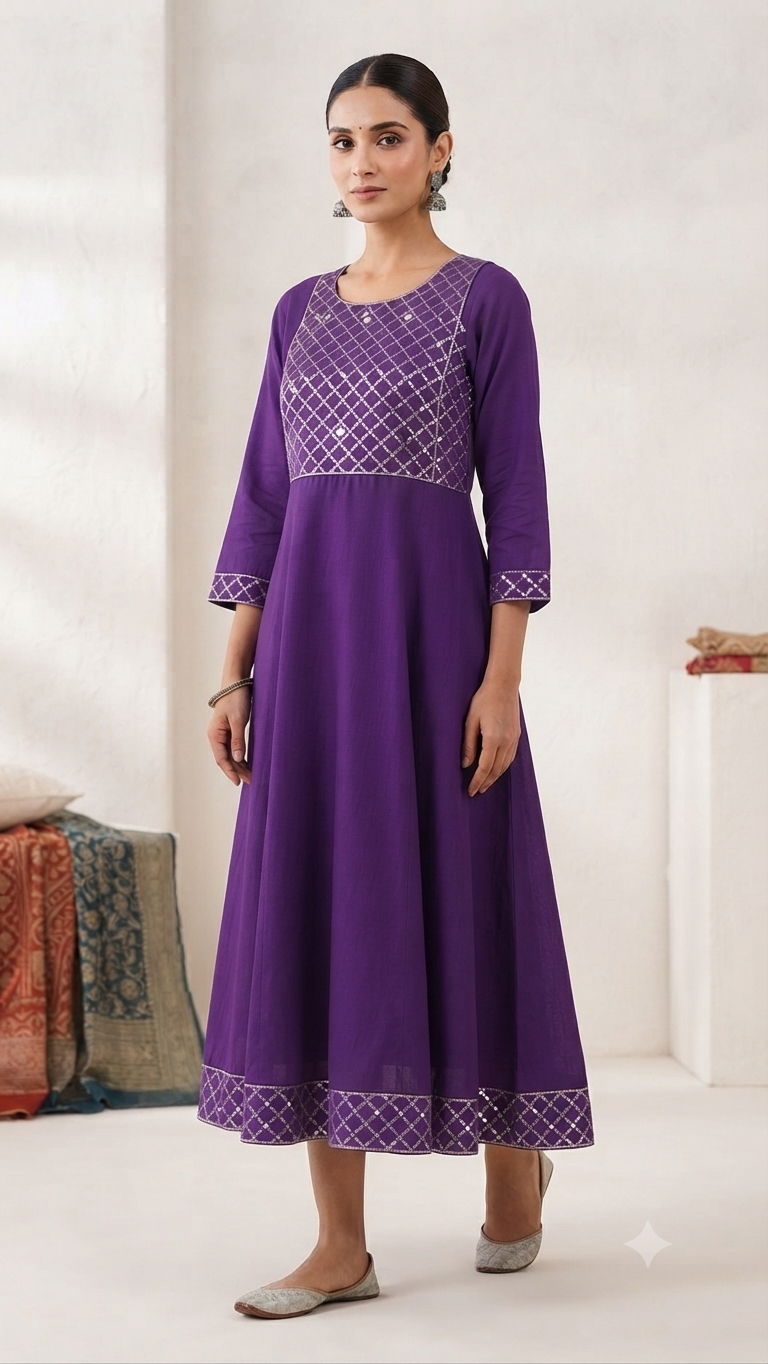 Elegant Royal Purple Embroidered Single Piece Kurti