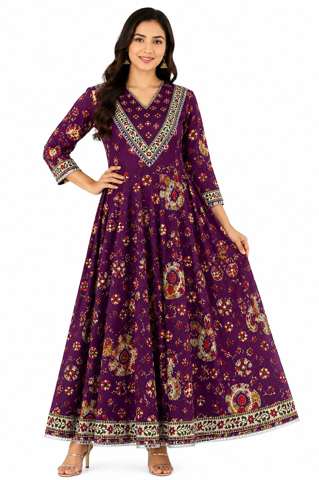Women's Embroidered Anarkali Kurti with Deep V-Neck and Mirror Work