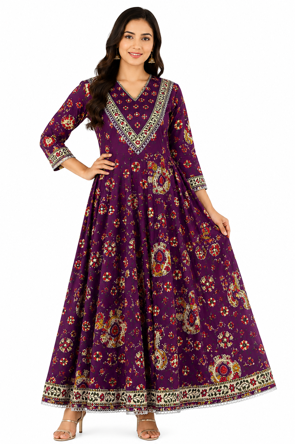 Women's Embroidered Anarkali Kurti with Deep V-Neck and Mirror Work
