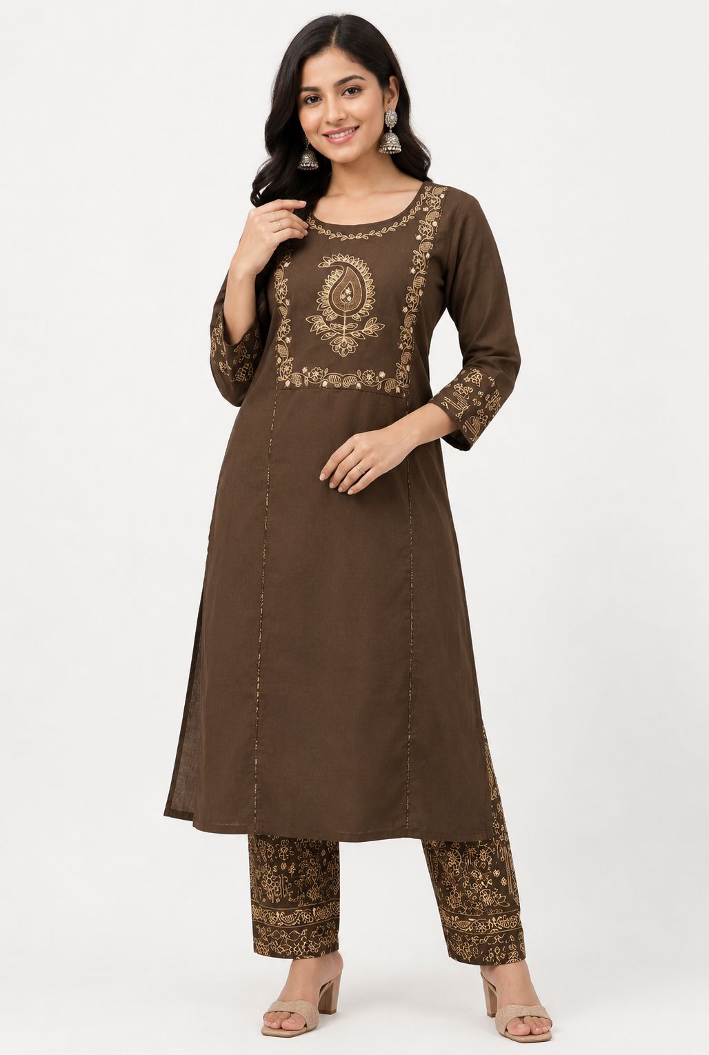 Women's Brown 2-Piece Kurta Set with Elegant Silver embroidery work and Mirror Work