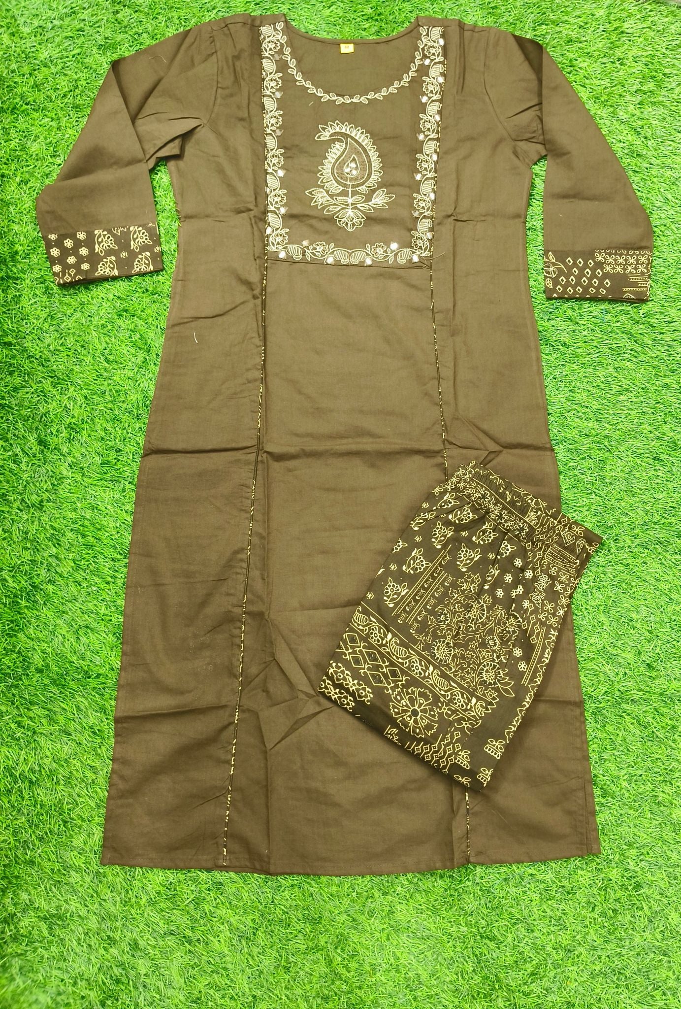 Women's Brown 2-Piece Kurta Set with Elegant Silver embroidery work and Mirror Work