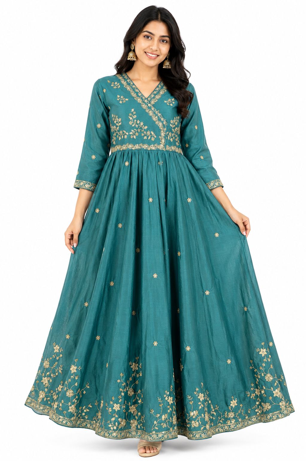 Women's Ethnic Light Green Straight Anarkali Kurti with Decorative Neckline