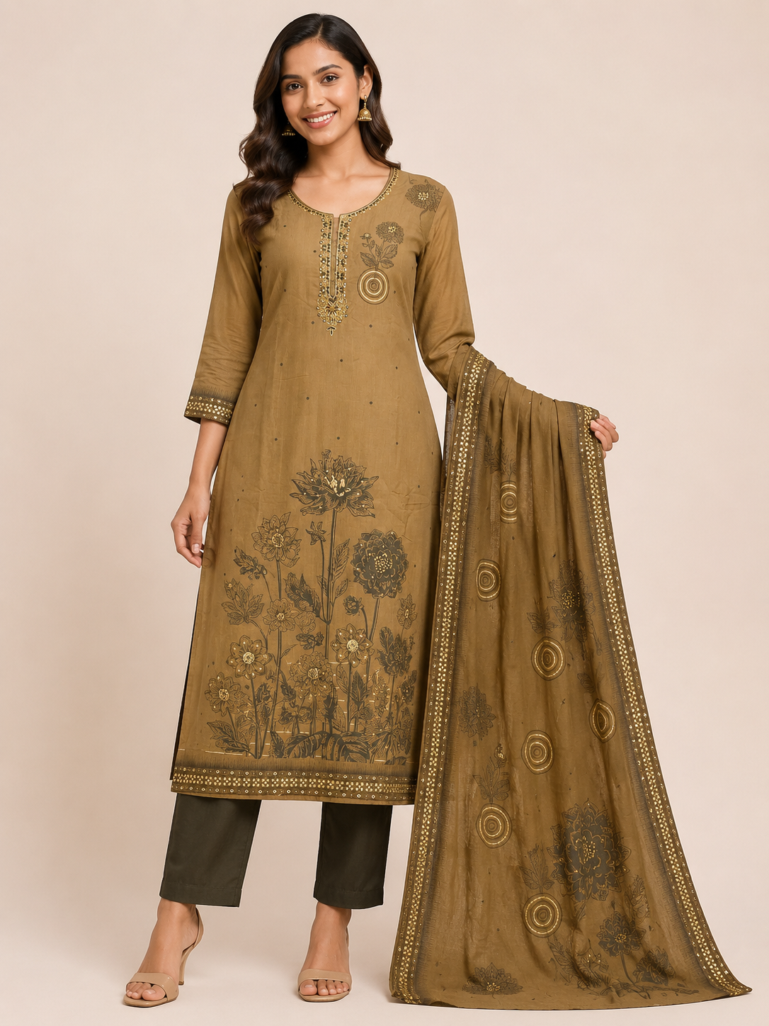 Women's Traditional Brown Party Wear  3-Piece Kurti Set with embroidery work