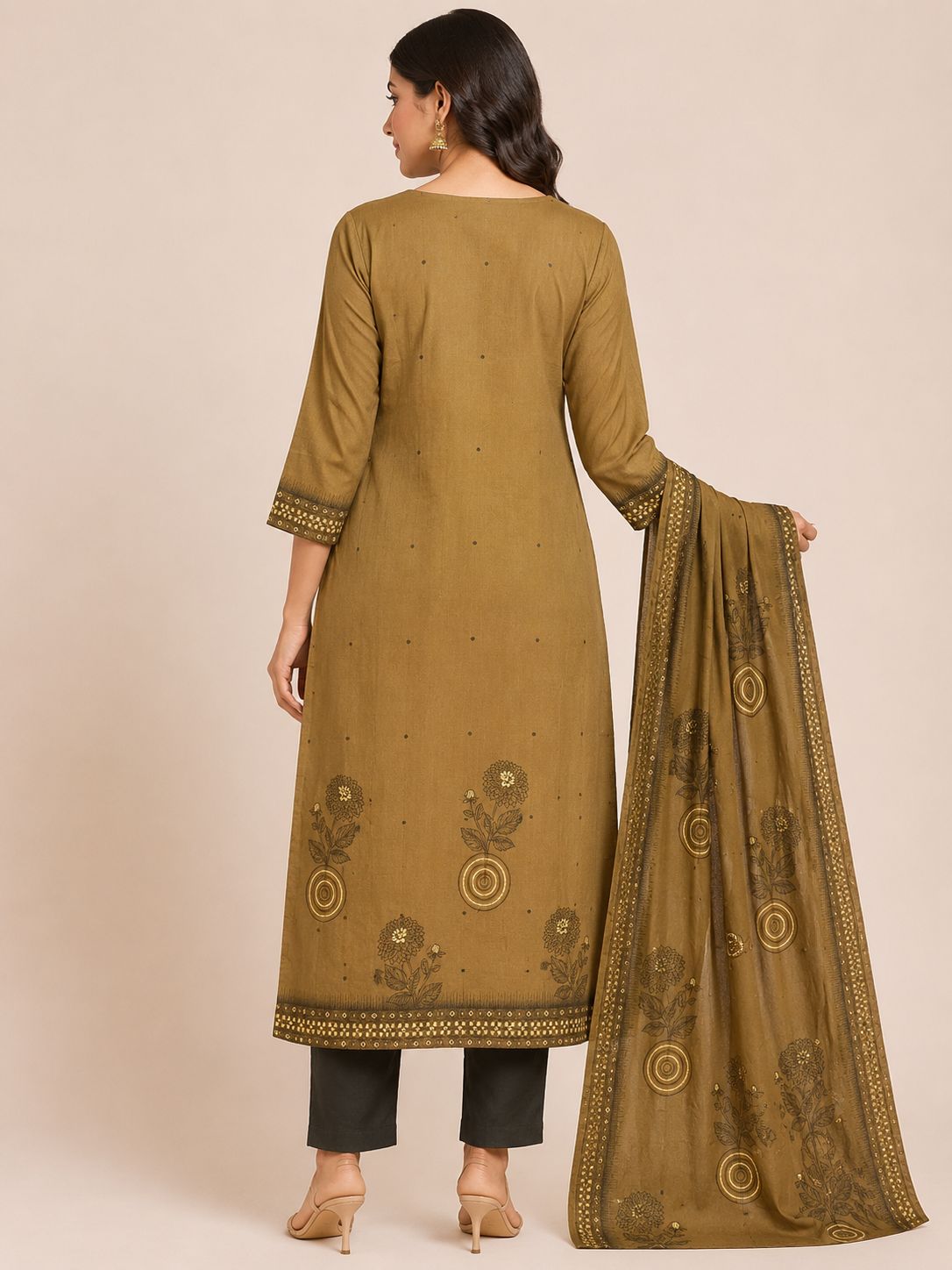 Women's Traditional Brown Party Wear  3-Piece Kurti Set with embroidery work