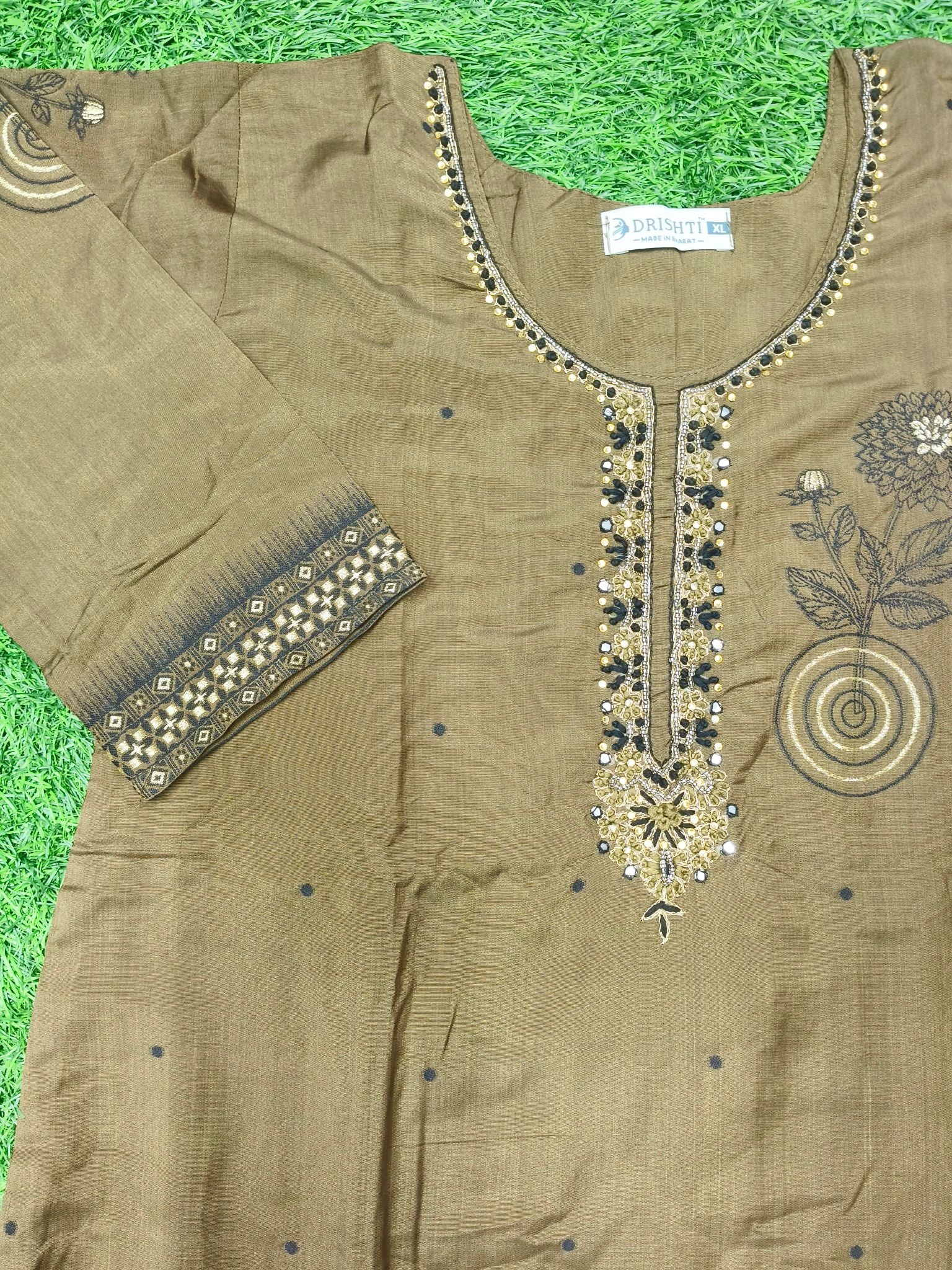 Women's Traditional Brown Party Wear  3-Piece Kurti Set with embroidery work