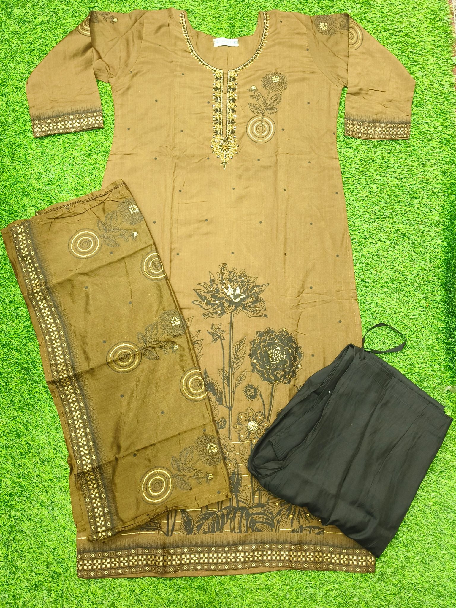 Women's Traditional Brown Party Wear  3-Piece Kurti Set with embroidery work