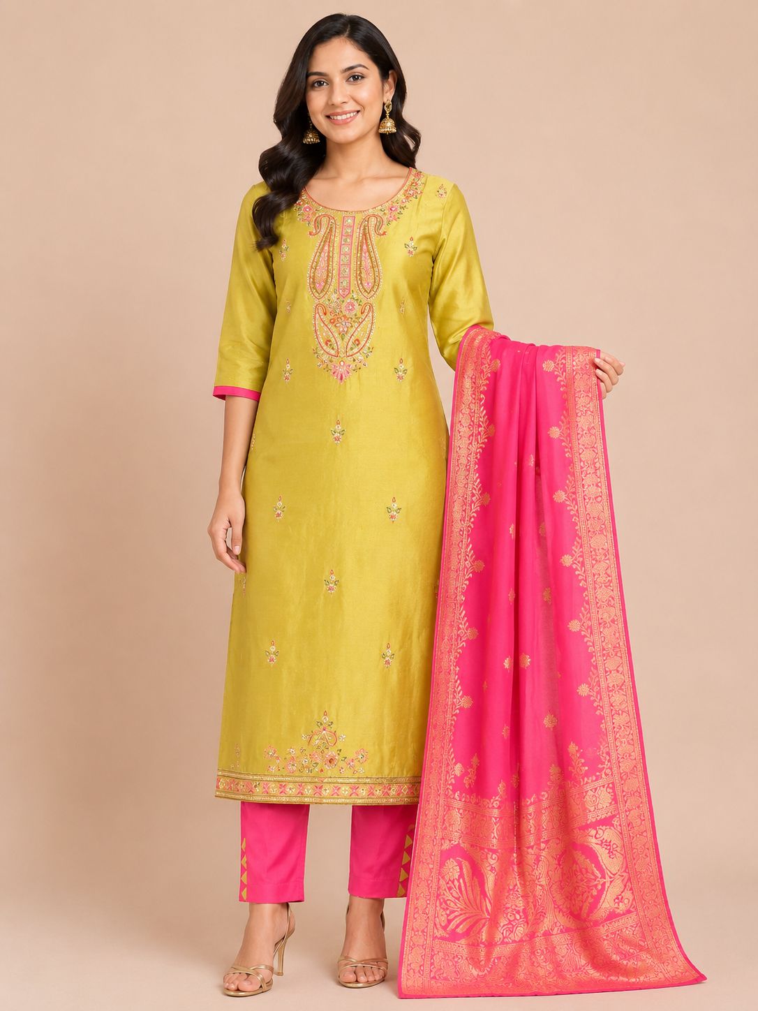 Women's Straight Fit Gold 3-Piece Kurti Set with Embroidered Detailing