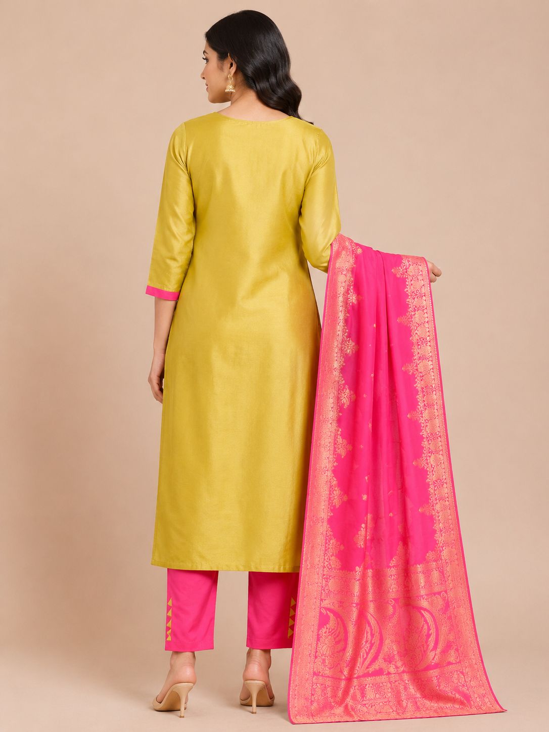 Women's Straight Fit Gold 3-Piece Kurti Set with Embroidered Detailing
