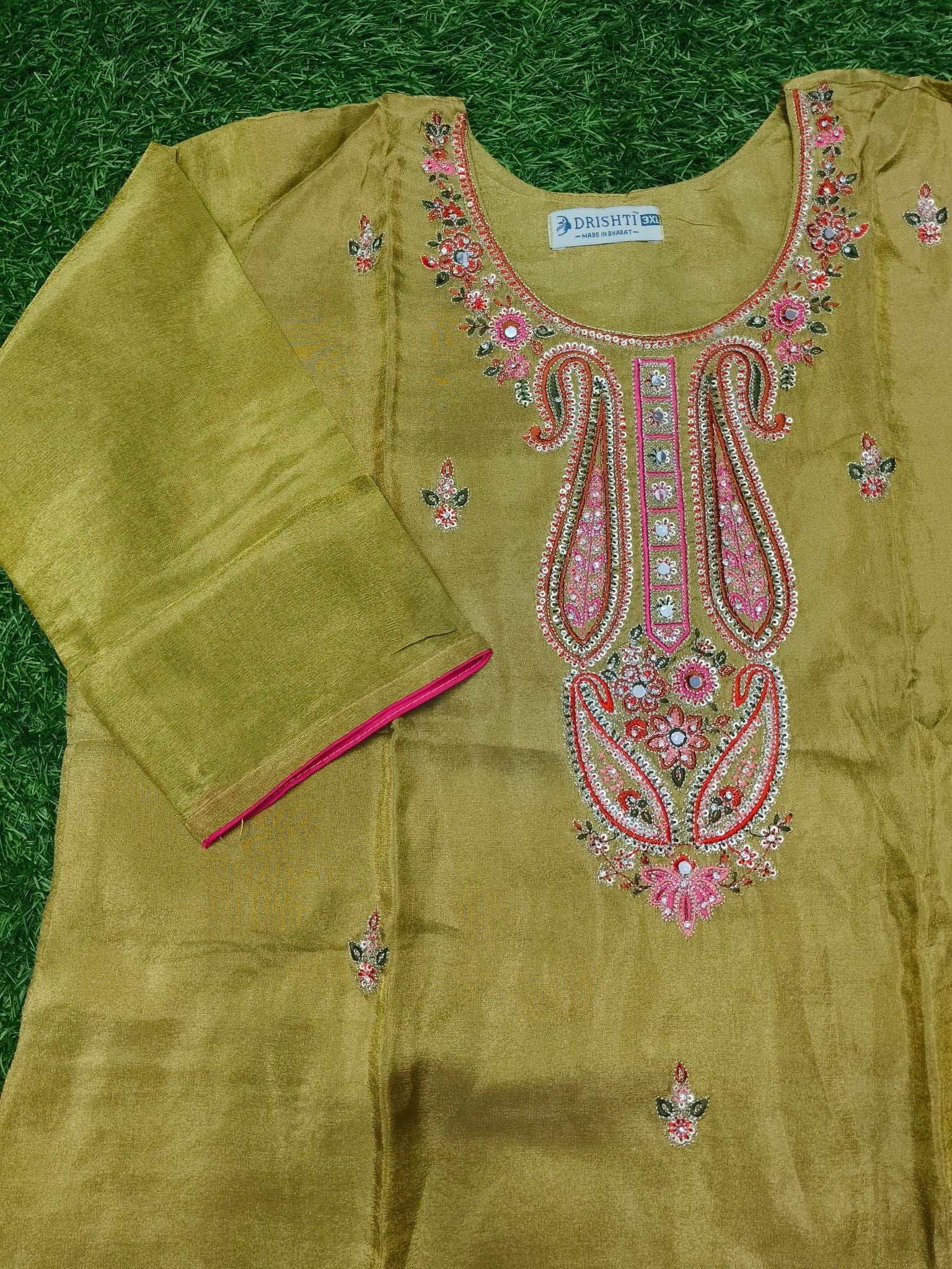 Women's Straight Fit Gold 3-Piece Kurti Set with Embroidered Detailing