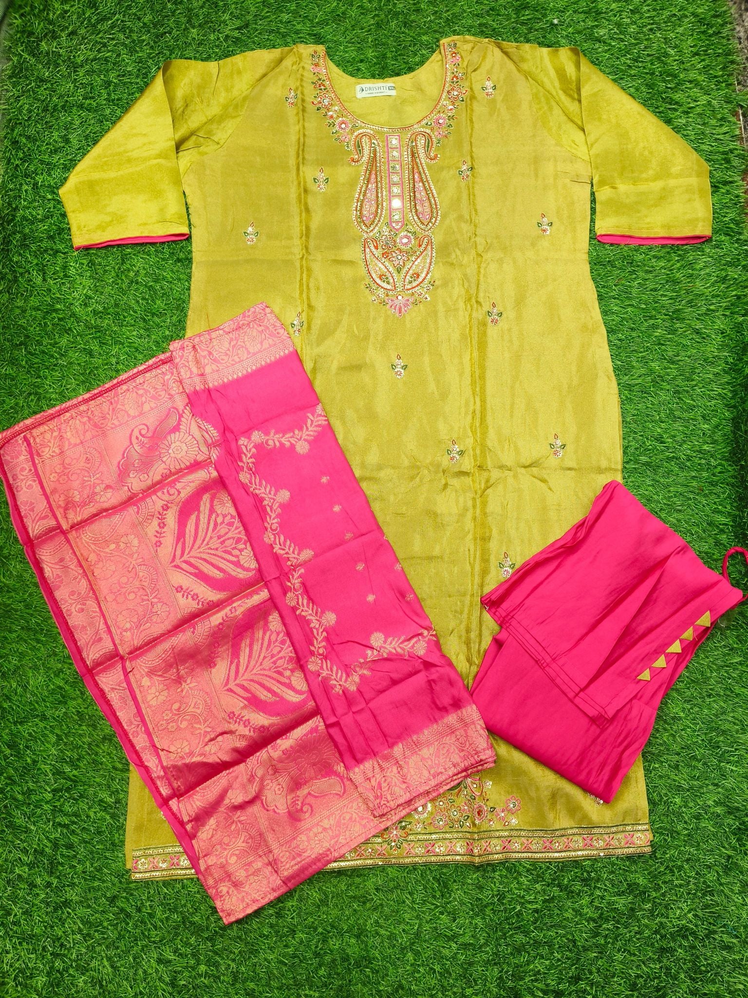 Women's Straight Fit Gold 3-Piece Kurti Set with Embroidered Detailing