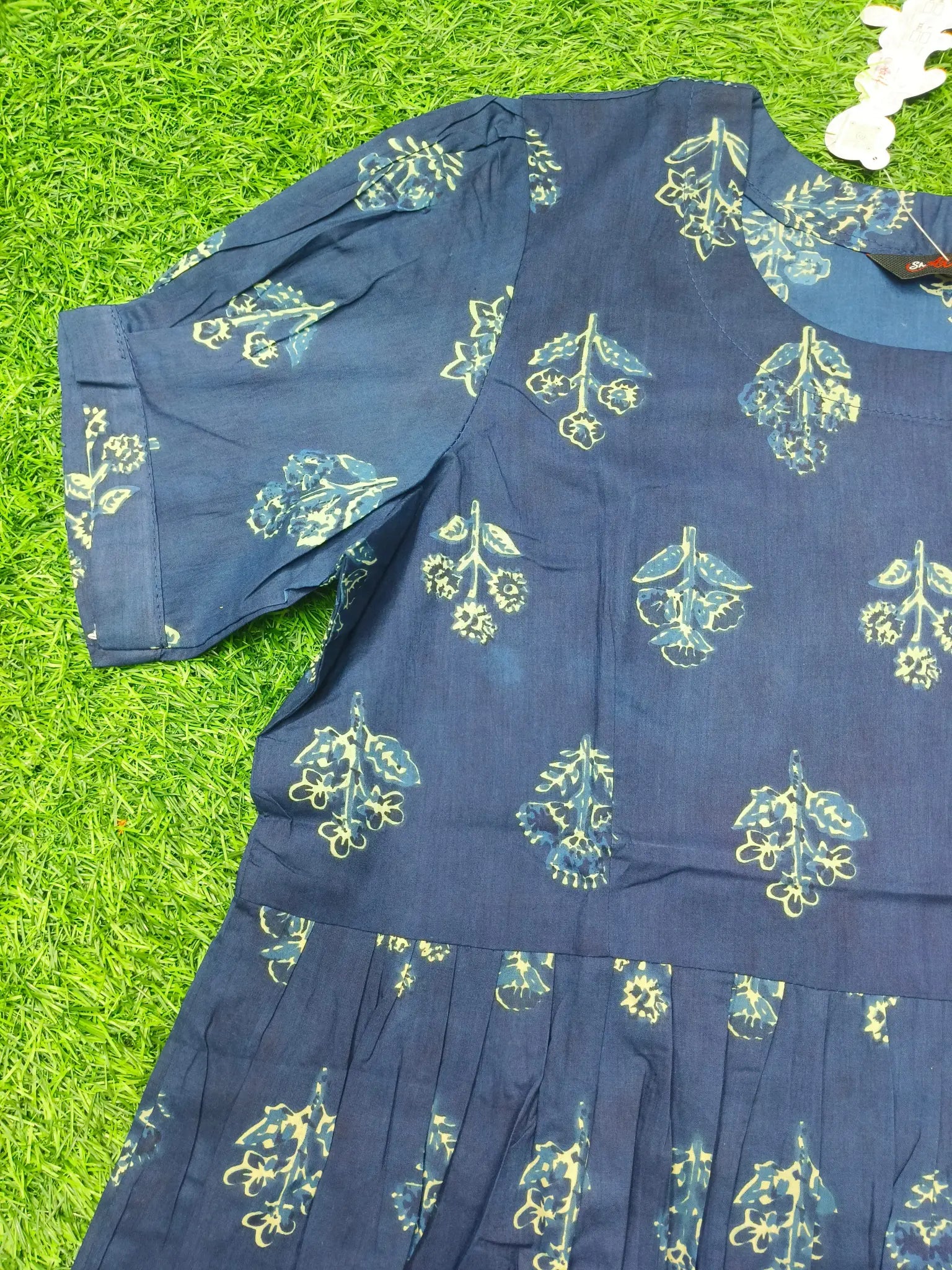 Women's Navy Blue Ethnic Umbrella Top with Paisley Print and 3/4 Sleeves