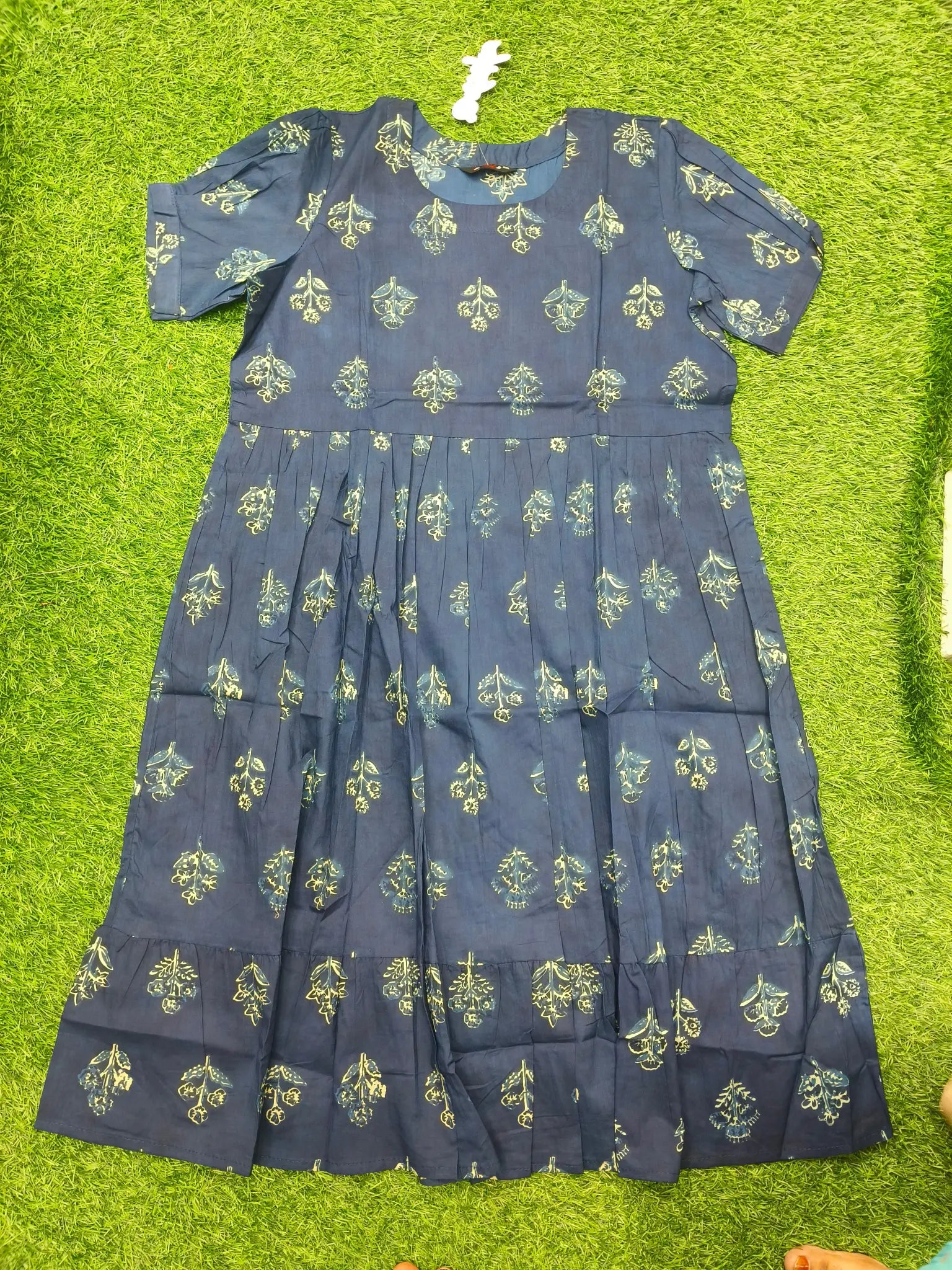 Women's Navy Blue Ethnic Umbrella Top with Paisley Print and 3/4 Sleeves