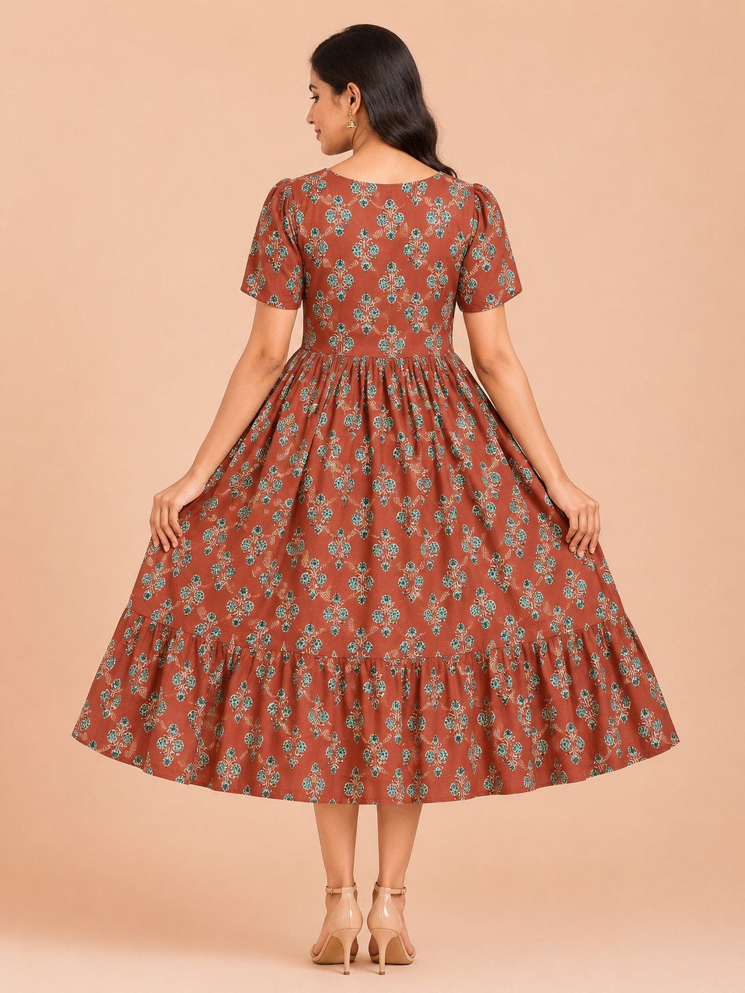 Women's Brown/Maroon Round Neck Umbrella Top with Paisley Print and 3/4 Sleeves