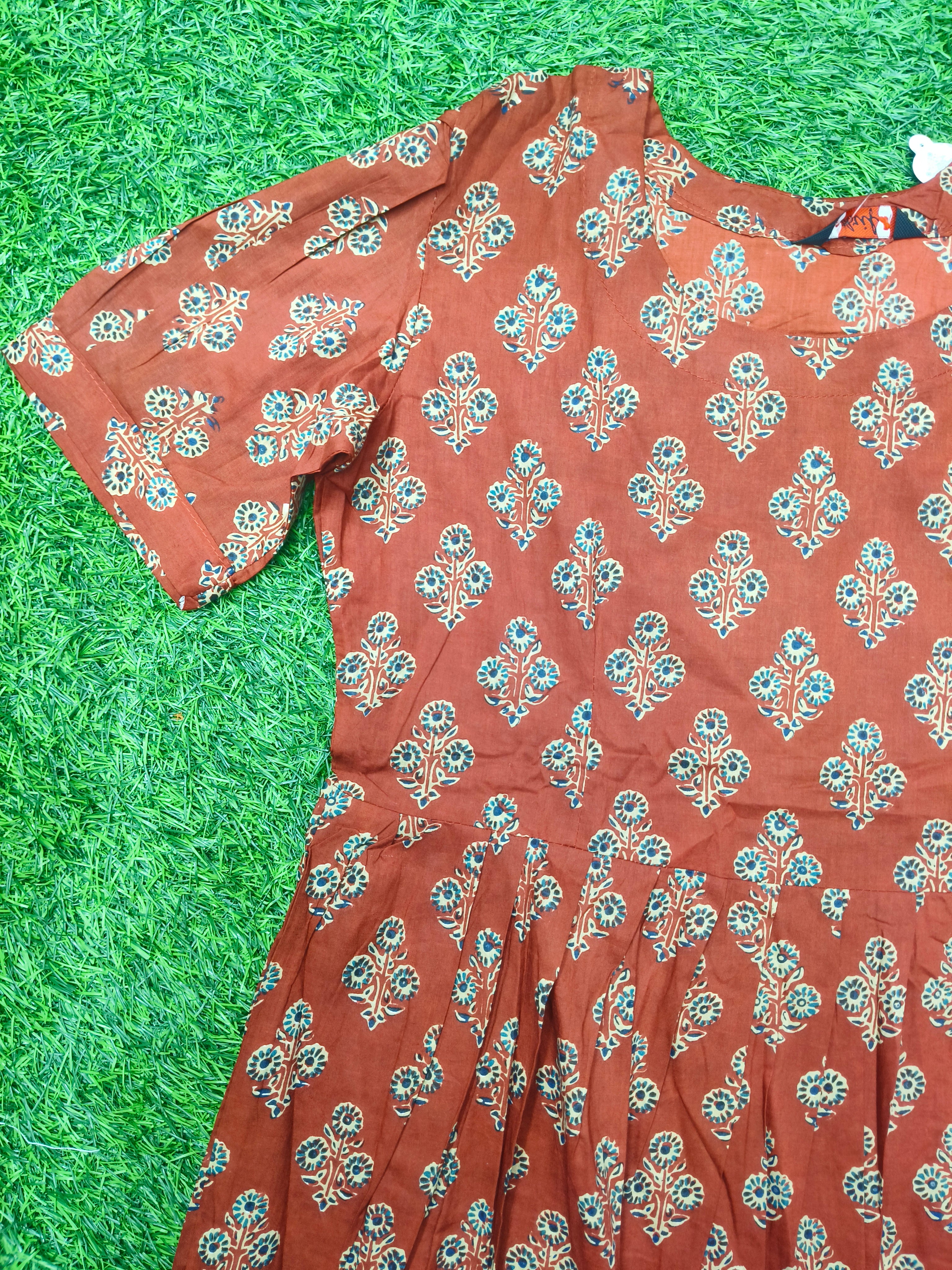 Women's Brown/Maroon Round Neck Umbrella Top with Paisley Print and 3/4 Sleeves