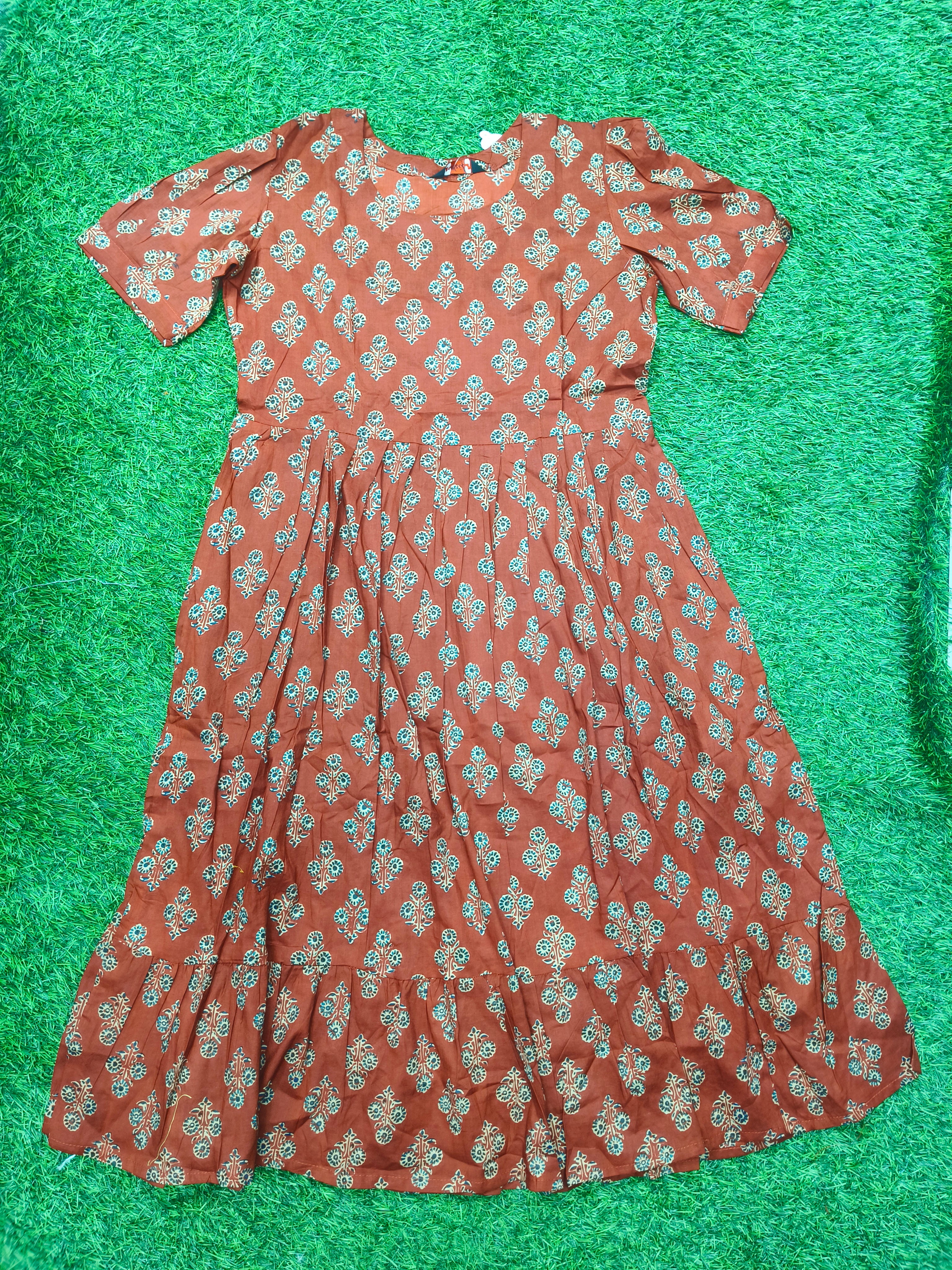 Women's Brown/Maroon Round Neck Umbrella Top with Paisley Print and 3/4 Sleeves