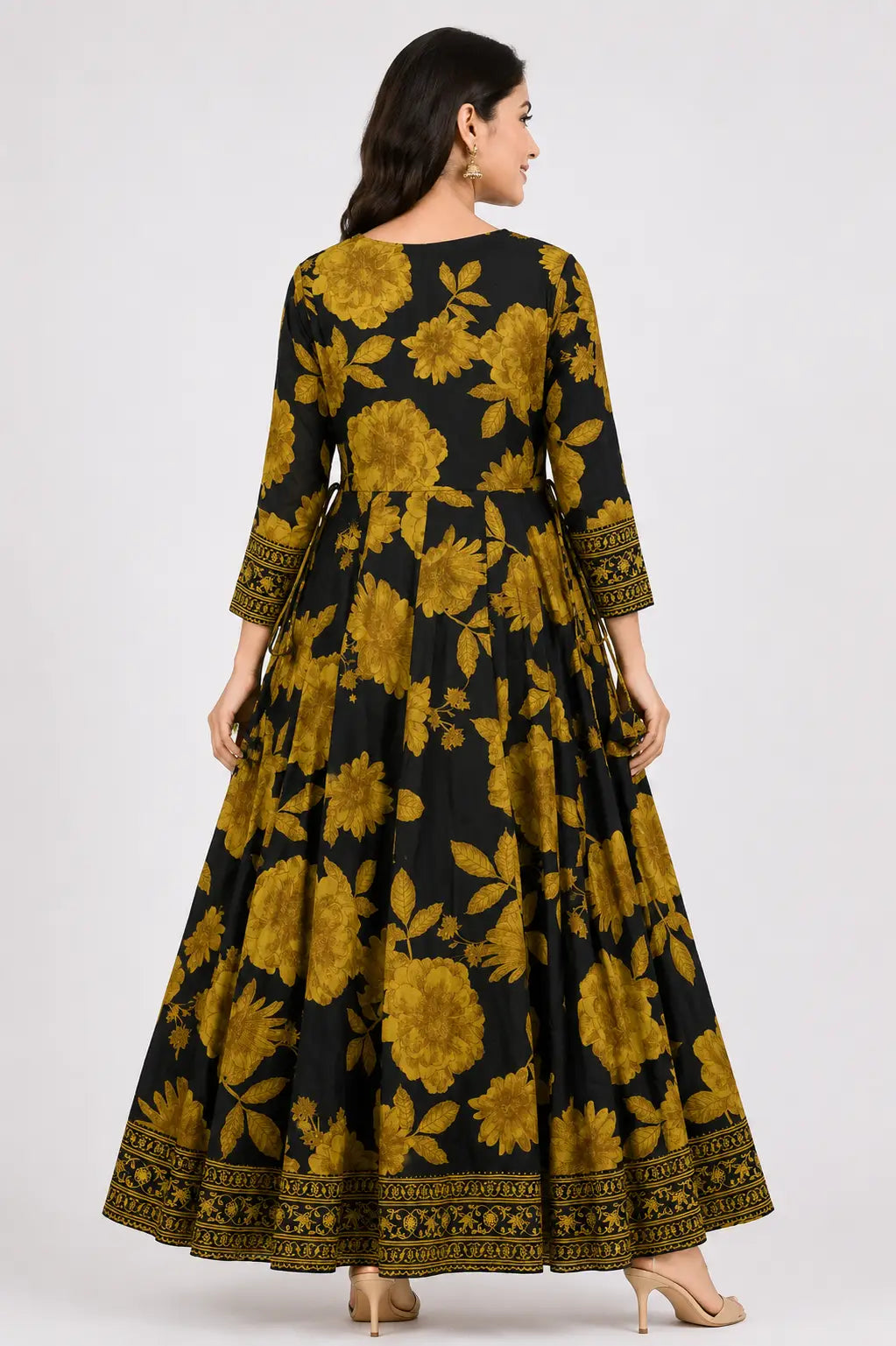 Women's Mirror Work and Embroidered Deep V-Neck Anarkali Kurti