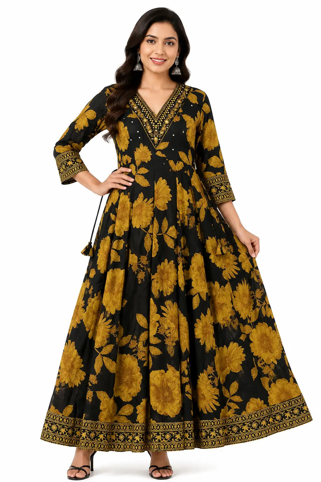 Women's Mirror Work and Embroidered Deep V-Neck Anarkali Kurti