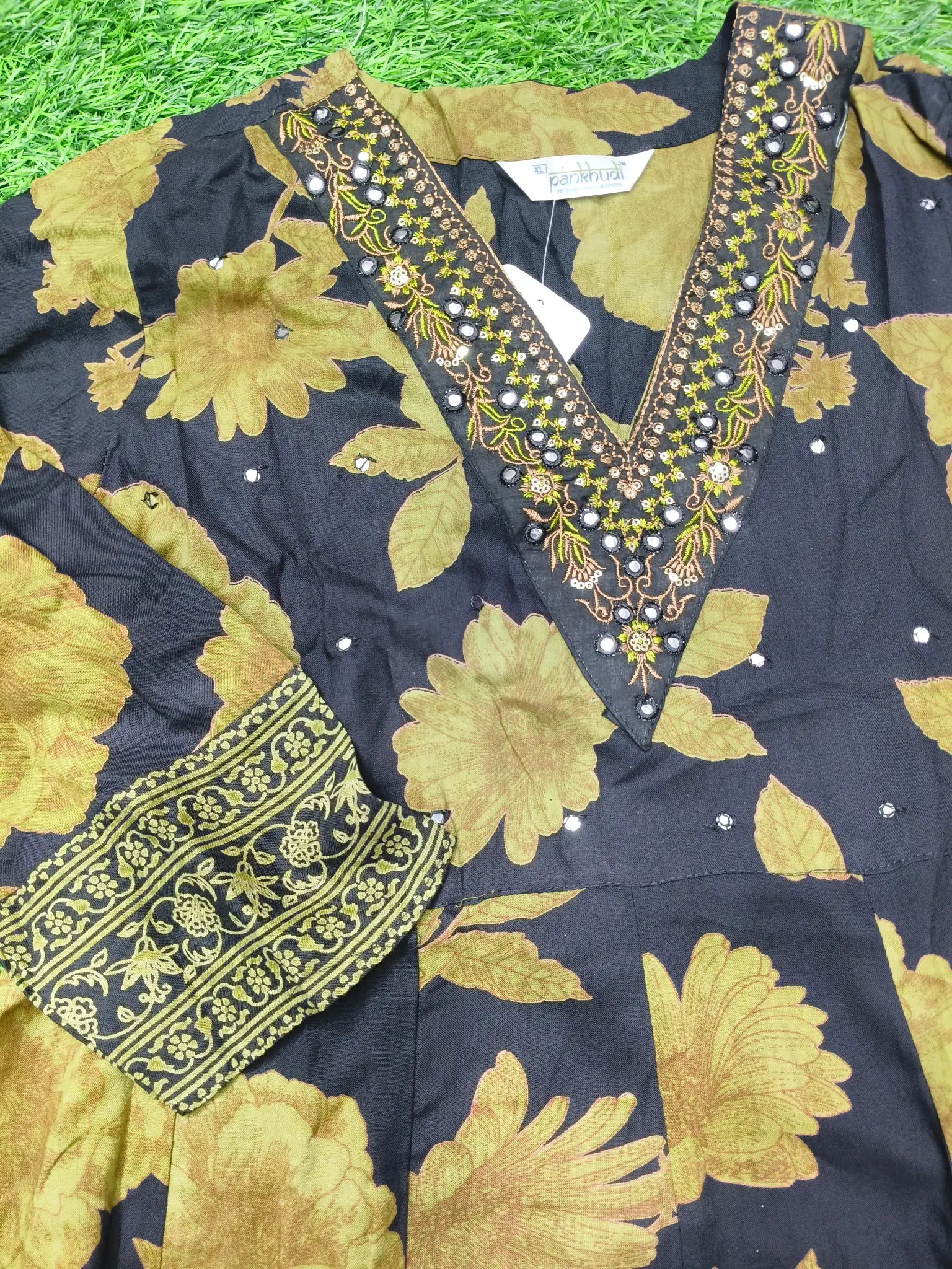 Women's Mirror Work and Embroidered Deep V-Neck Anarkali Kurti
