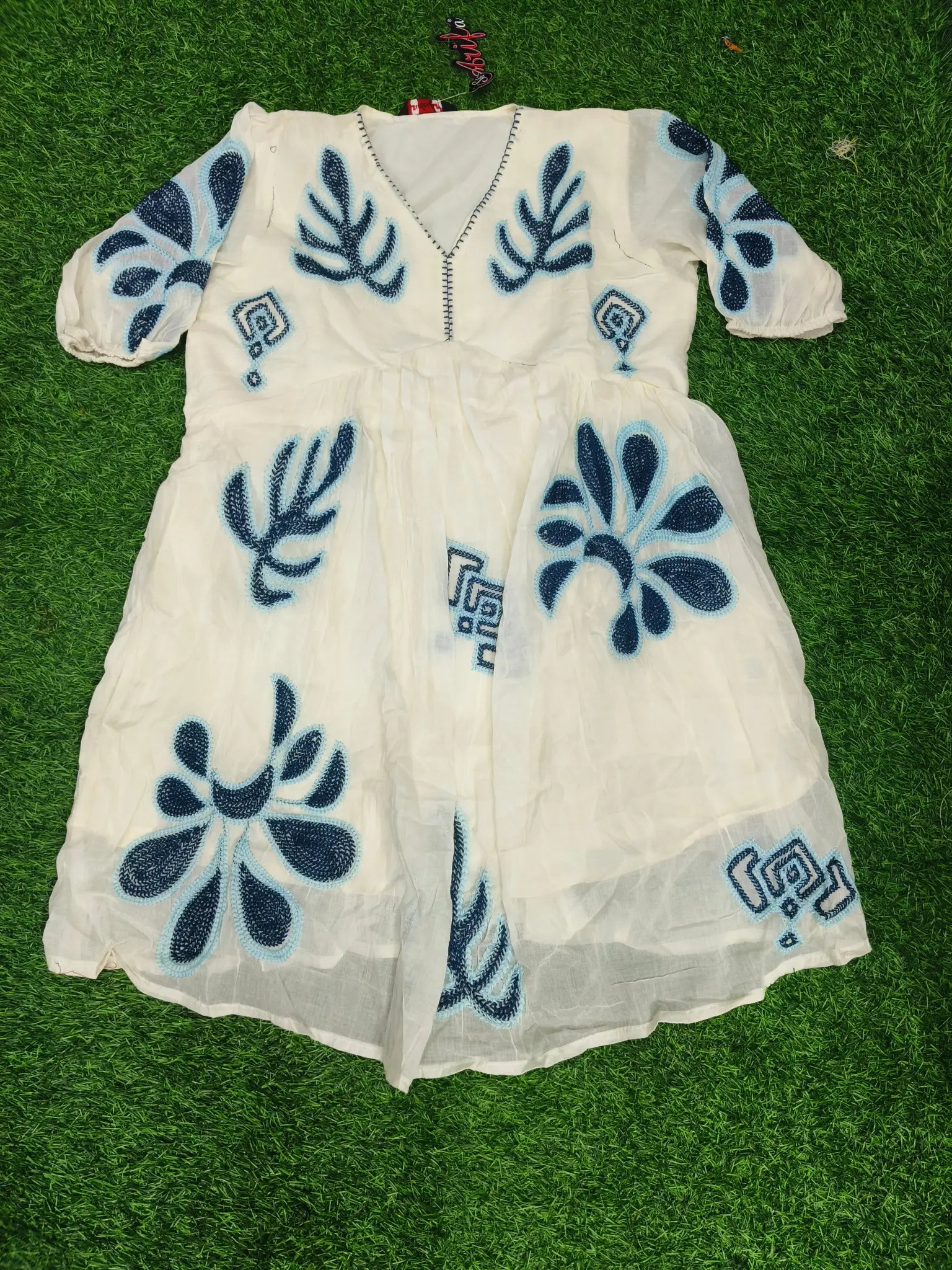 Women's Festive Cream/Off-White Embroidered Fit & Flare Frock