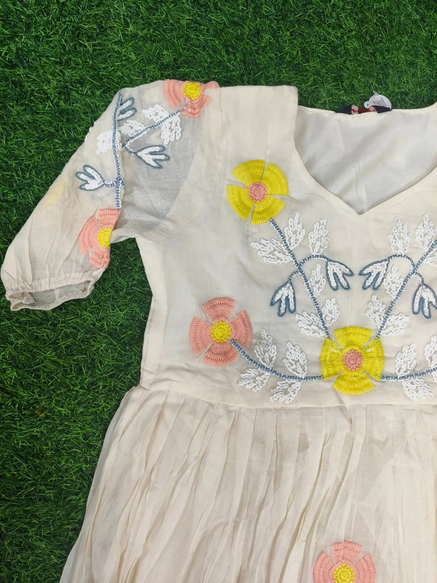 Women's Festive Cream Embroidered Fit & Flare Frock
