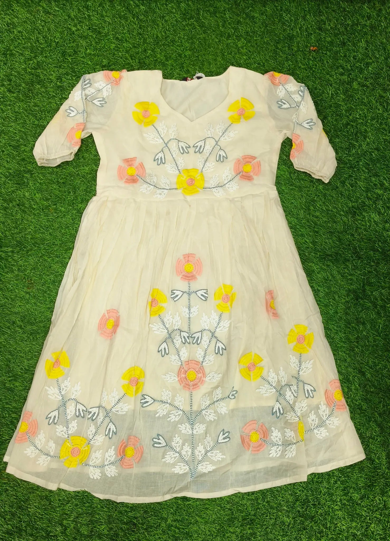 Women's Festive Cream Embroidered Fit & Flare Frock