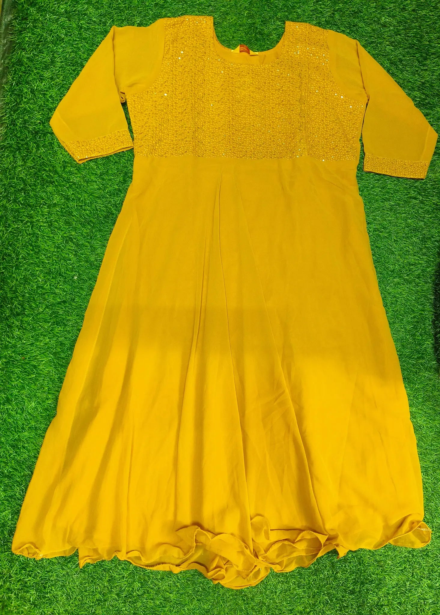 Women's Dark Golden Yellow Embroidered Long Anarkali Dress with 3/4 Sleeves