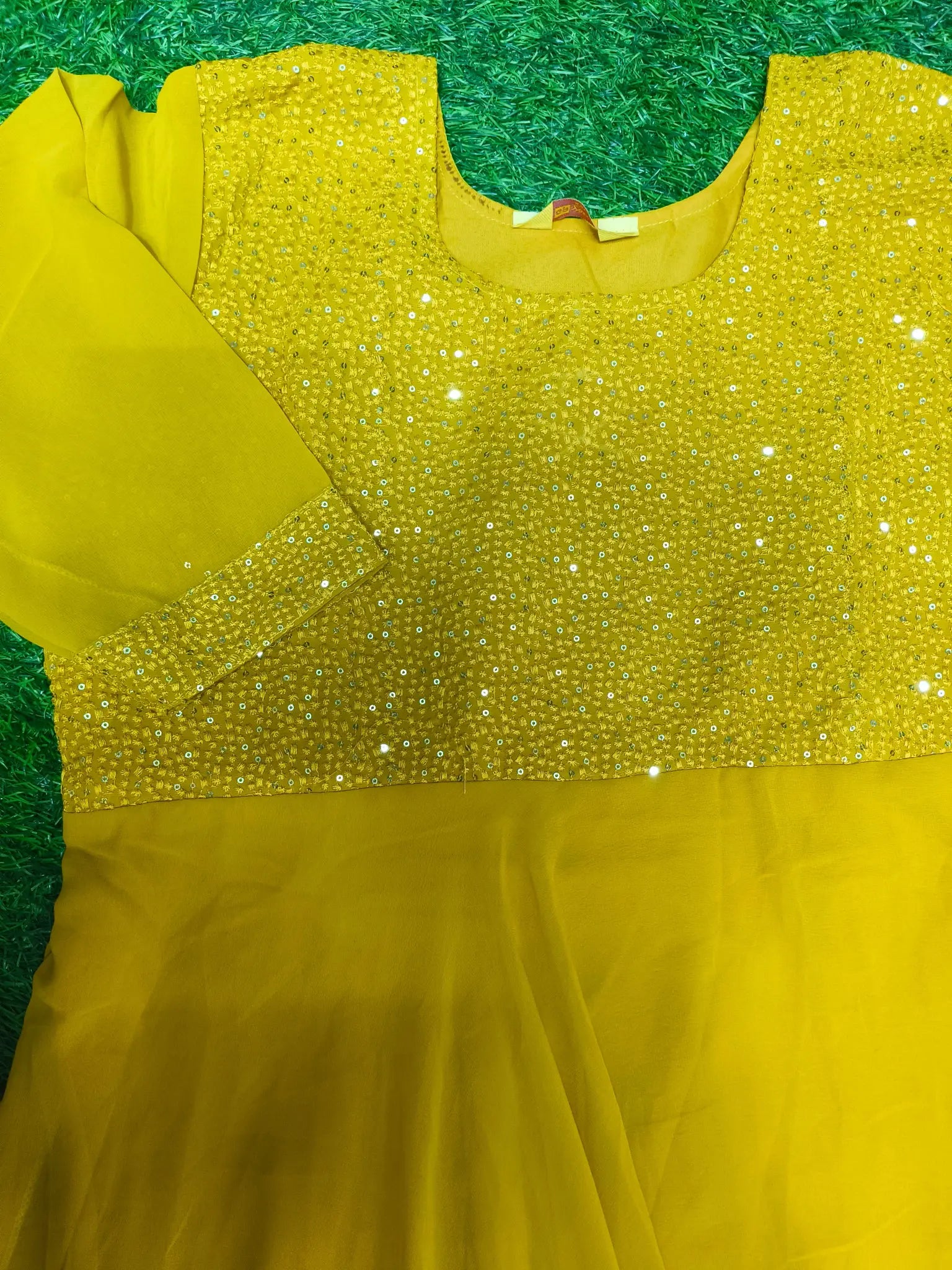 Women's Dark Golden Yellow Embroidered Long Anarkali Dress with 3/4 Sleeves