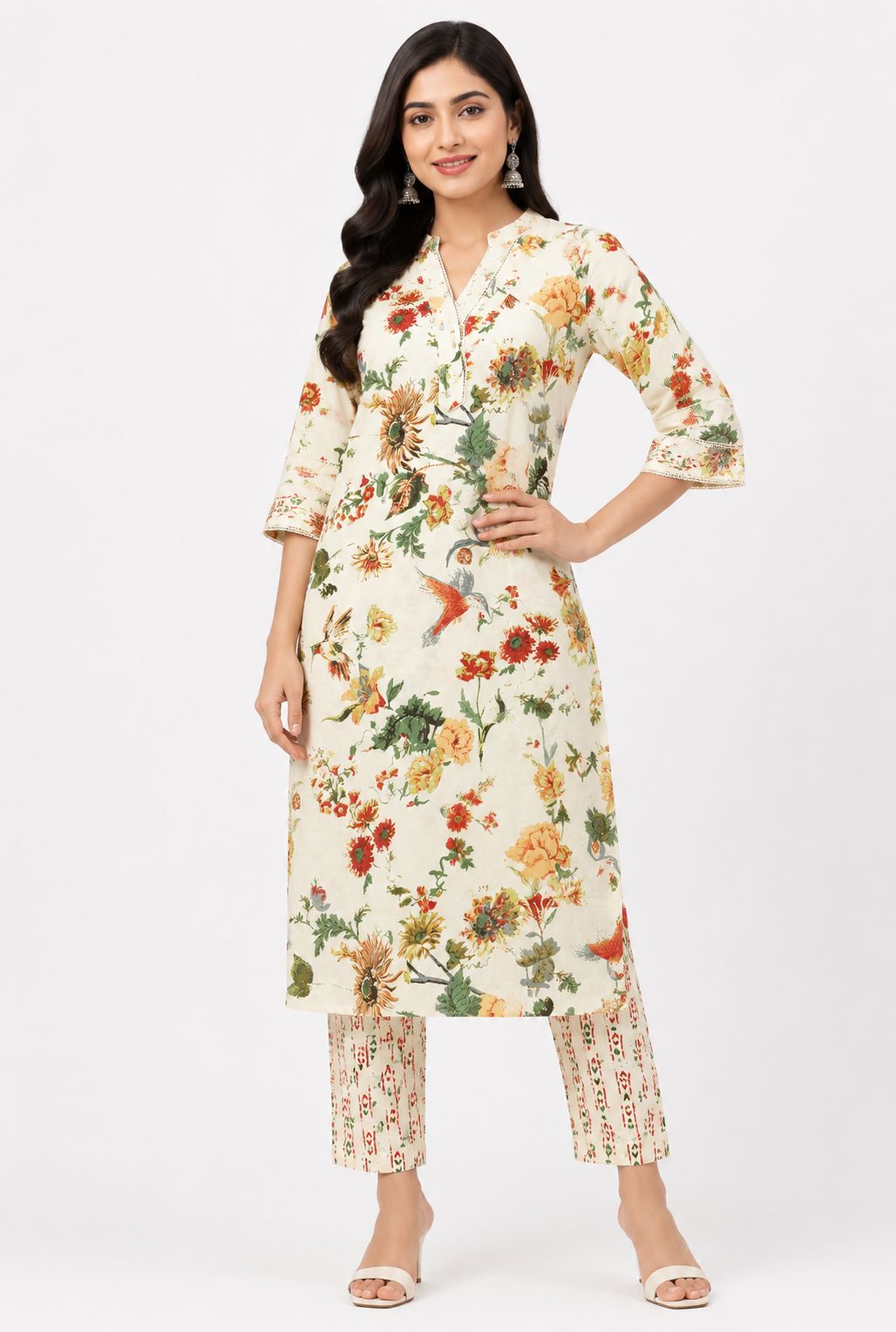 Women's Cream 2-Piece Kurti with Colorful Floral Print and Lace Trim V-Neck