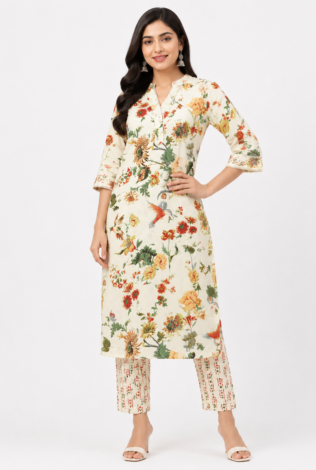 Women's Cream 2-Piece Kurti with Colorful Floral Print and Lace Trim V-Neck