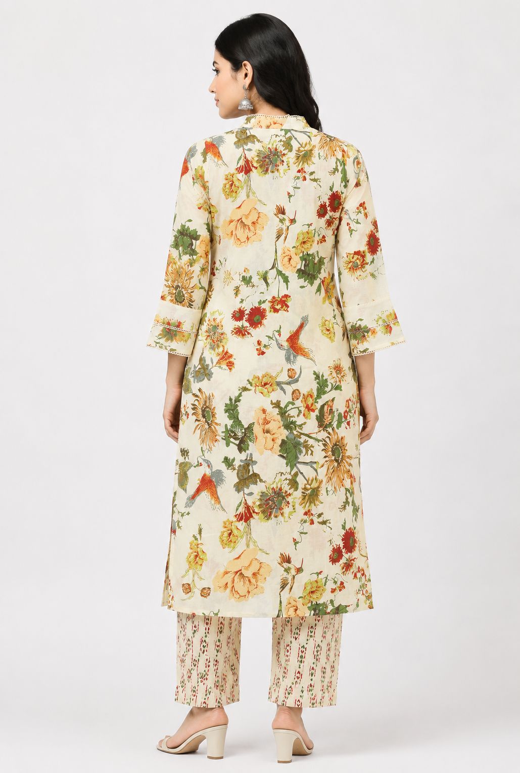 Women's Cream 2-Piece Kurti with Colorful Floral Print and Lace Trim V-Neck
