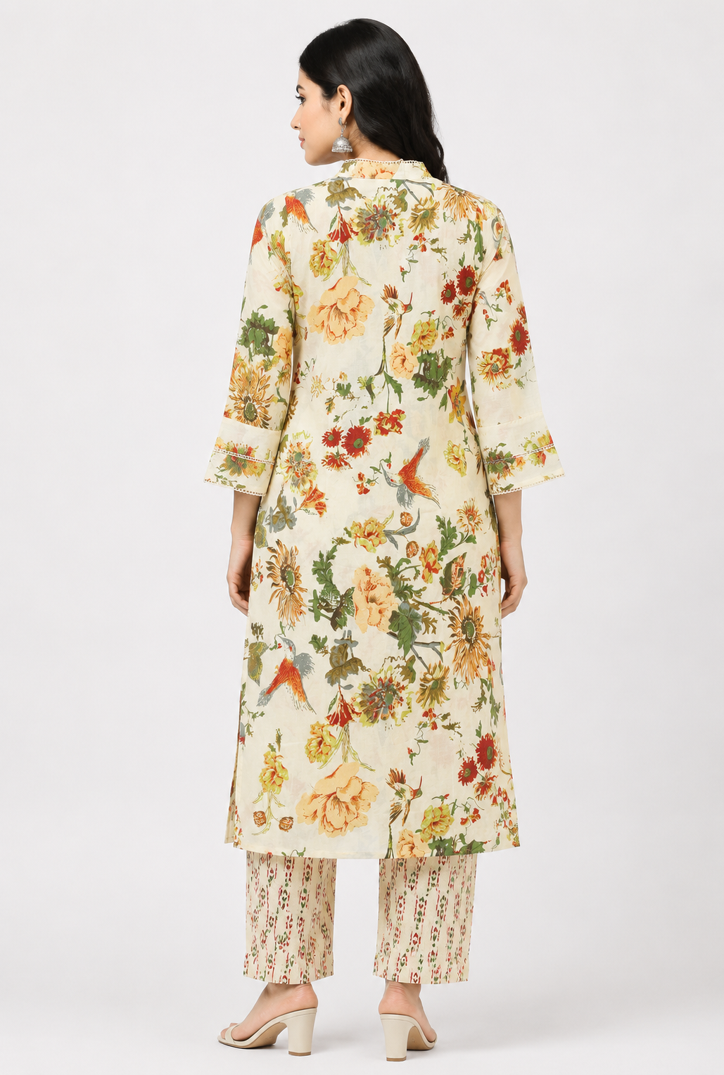 Women's Cream 2-Piece Kurti with Colorful Floral Print and Lace Trim V-Neck