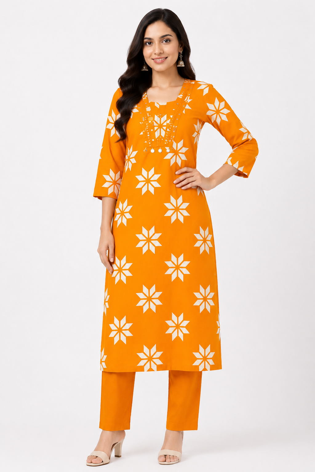 Women's Elegant Orange 3/4 Sleeve 2-Piece Kurti with Decorative Lace