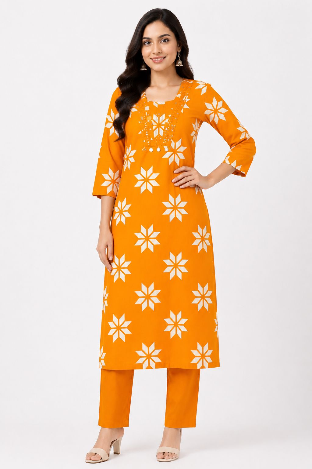 Women's Elegant Orange 3/4 Sleeve 2-Piece Kurti with Decorative Lace