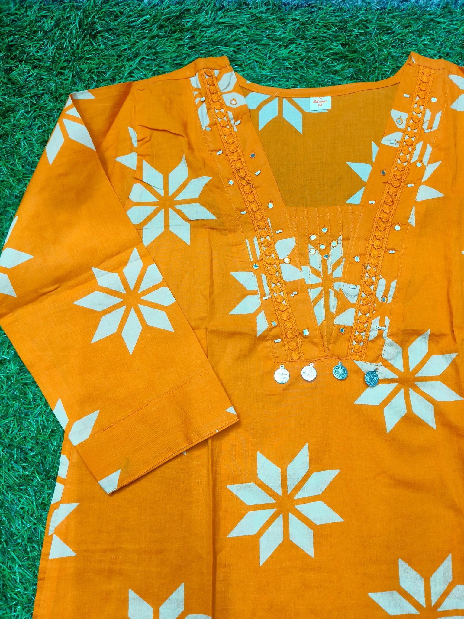 Women's Elegant Orange 3/4 Sleeve 2-Piece Kurti with Decorative Lace