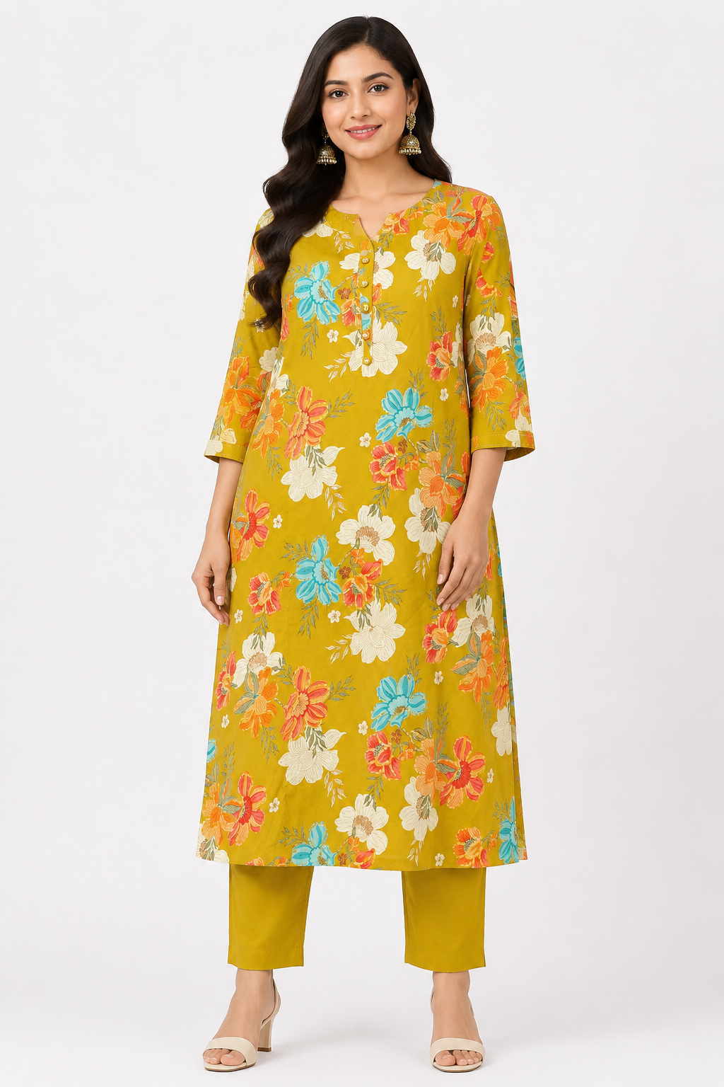 Women's Lime Green 3/4 Sleeve 2-Piece Kurti with Floral Print and Button-Down Front