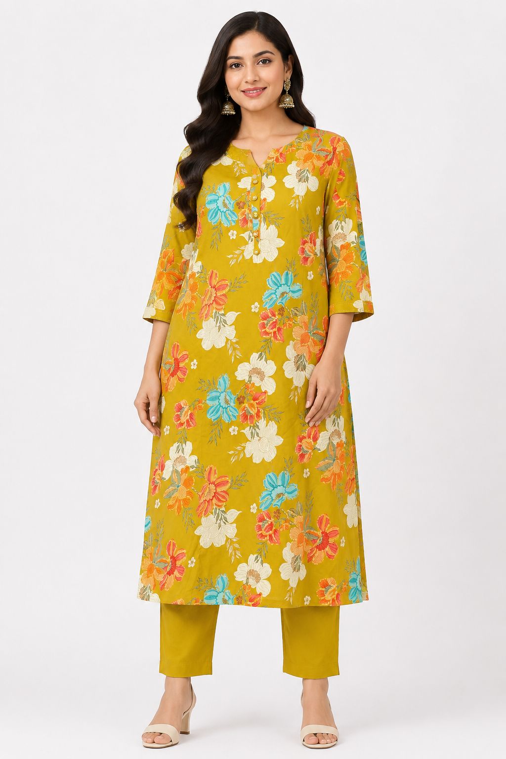 Women's Lime Green 3/4 Sleeve 2-Piece Kurti with Floral Print and Button-Down Front