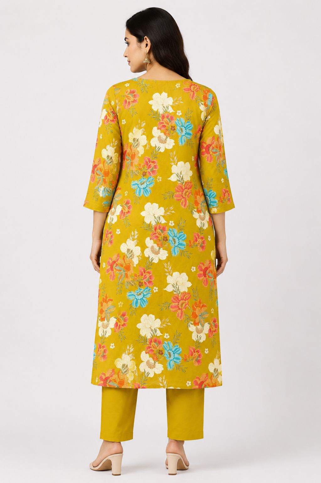 Women's Lime Green 3/4 Sleeve 2-Piece Kurti with Floral Print and Button-Down Front