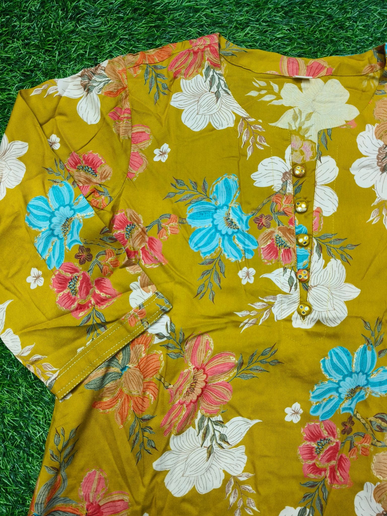 Women's Lime Green 3/4 Sleeve 2-Piece Kurti with Floral Print and Button-Down Front