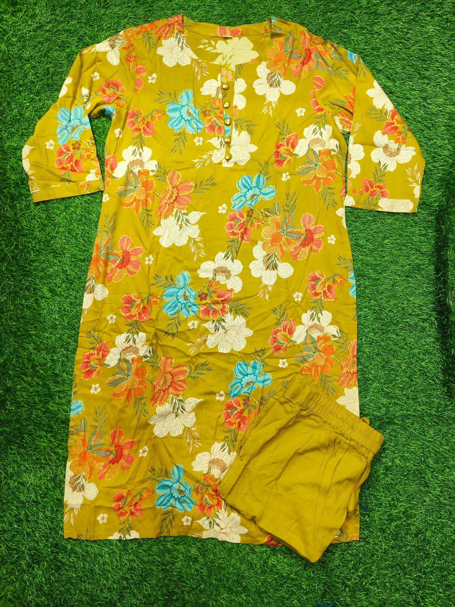 Women's Lime Green 3/4 Sleeve 2-Piece Kurti with Floral Print and Button-Down Front
