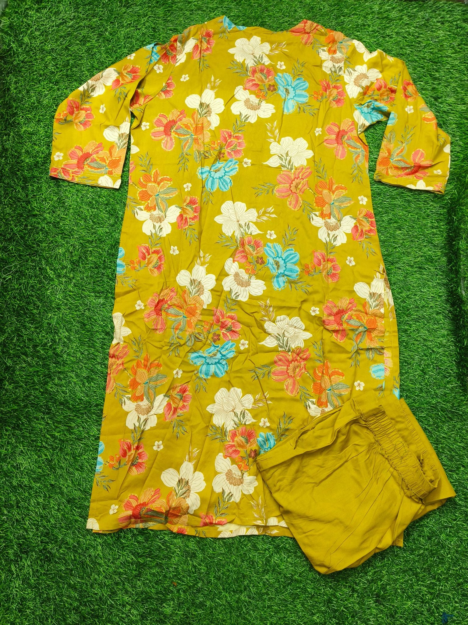 Women's Lime Green 3/4 Sleeve 2-Piece Kurti with Floral Print and Button-Down Front