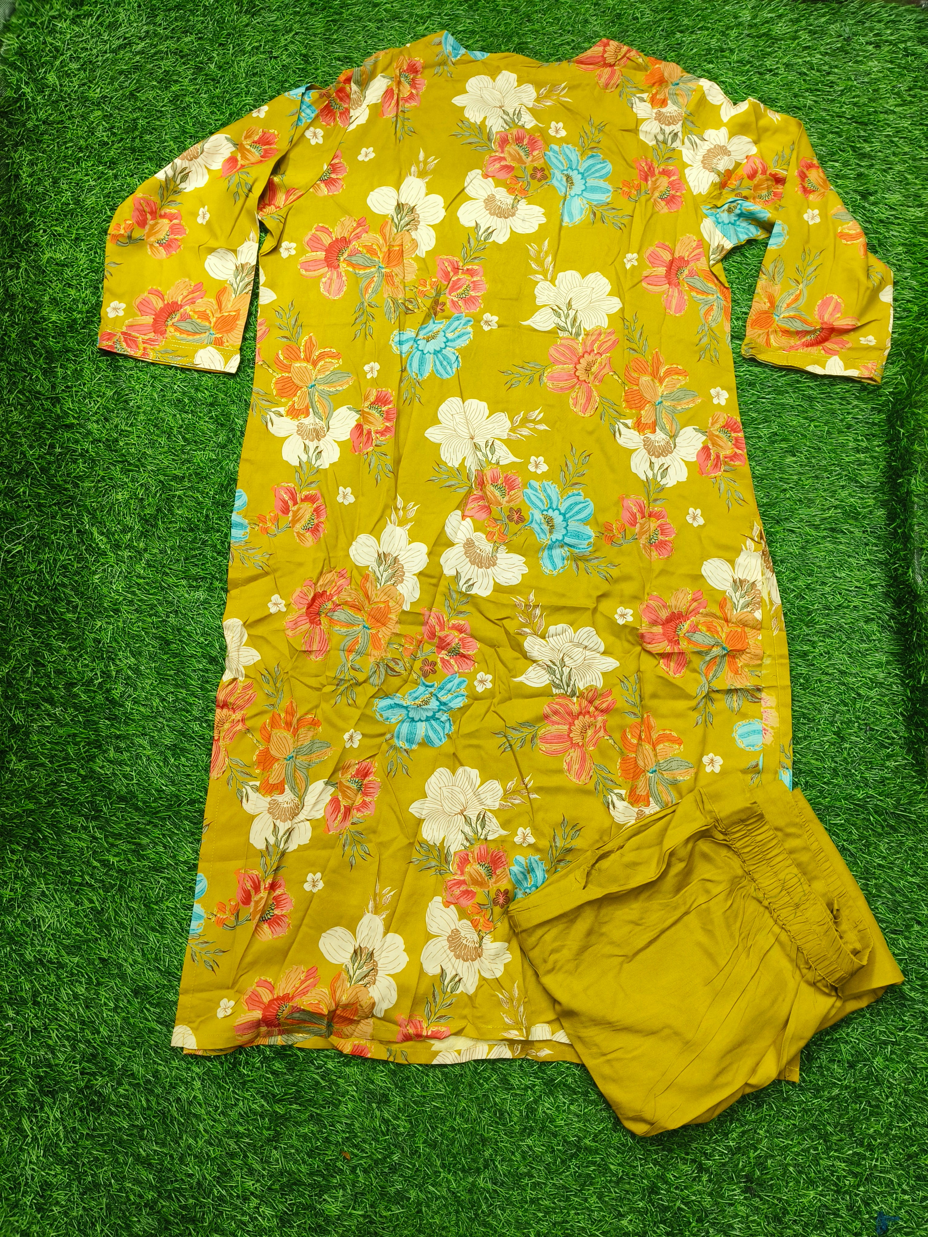 Women's Lime Green 3/4 Sleeve 2-Piece Kurti with Floral Print and Button-Down Front
