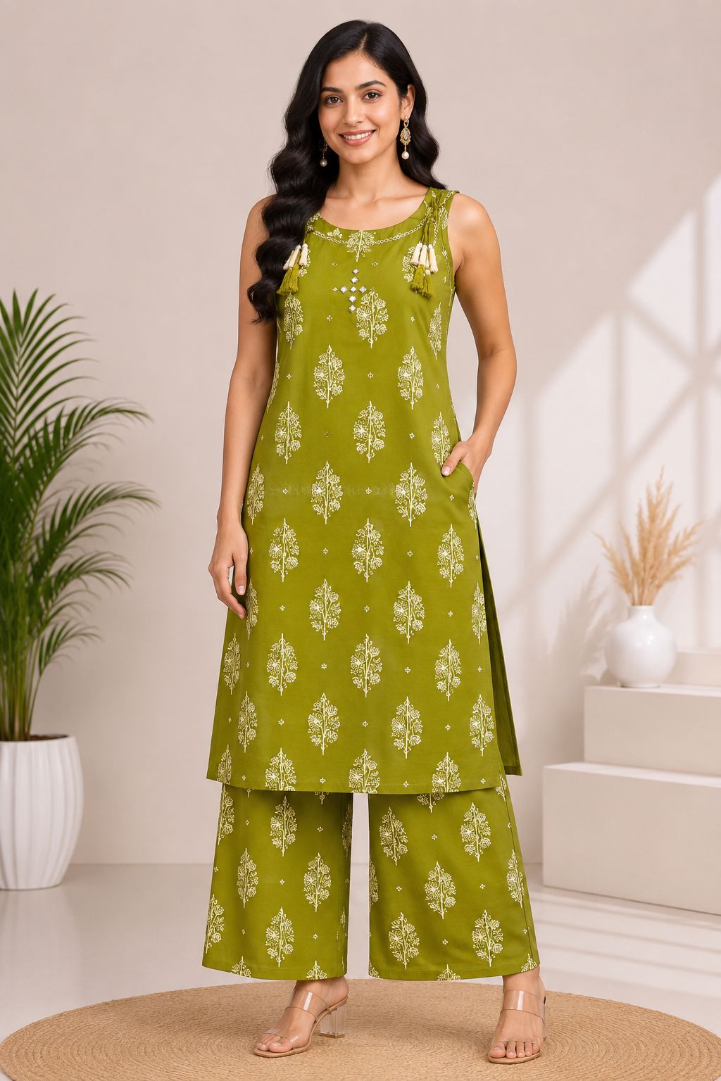 Women's Festive Olive Green Sleeveless Kurti with Decorative Neckline
