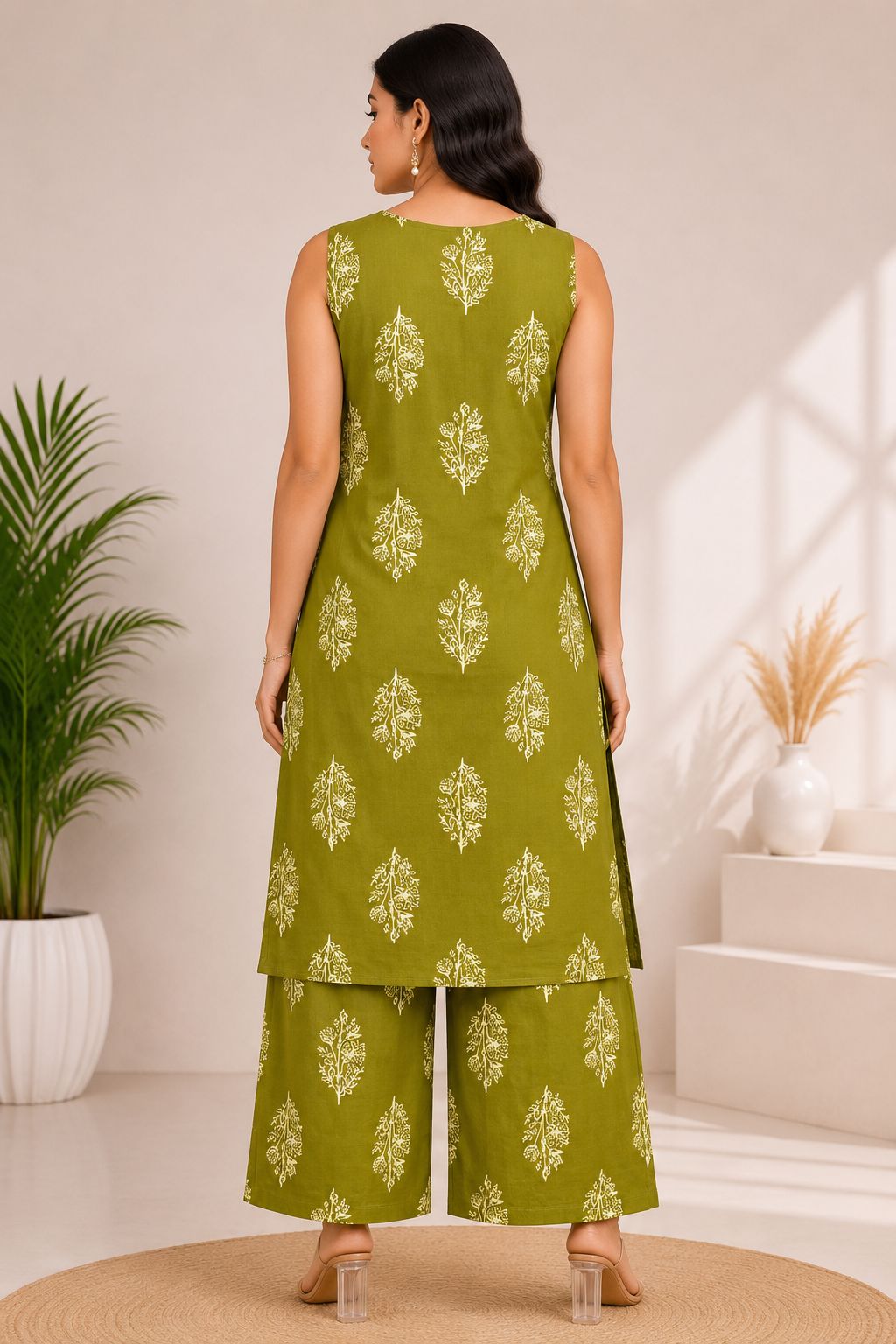 Women's Festive Olive Green Sleeveless Kurti with Decorative Neckline