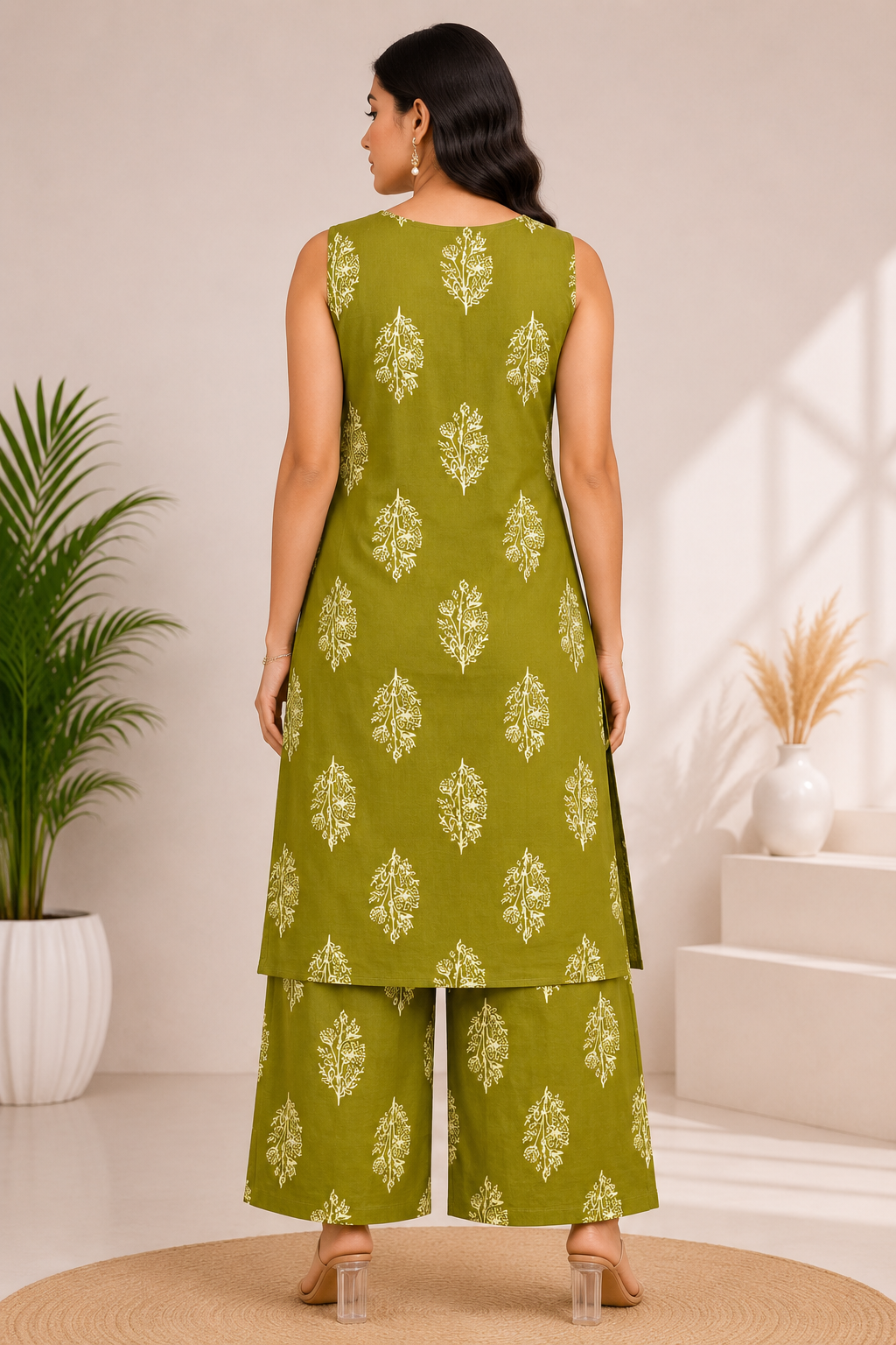 Women's Festive Olive Green Sleeveless Kurti with Decorative Neckline